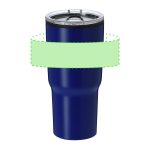 A drink bottle in a deep blue colour with a stainless steel lid and an integrated straw. It has a logo.