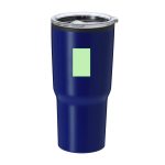 A drink bottle in navy blue, featuring a clear lid and a logo. It is designed for insulation and travel use.