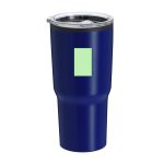 A drink bottle in navy blue with a clear lid and branding on the side.