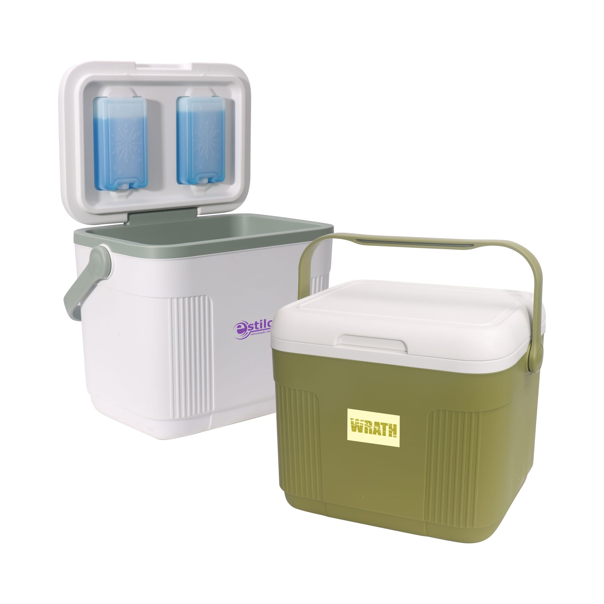 A 22L cooler box in olive green and white, featuring a handle and two blue ice packs inside. It has a logo on the front. 22L Cooler Box - Image 1