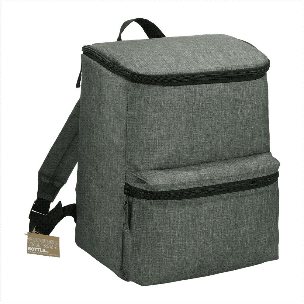 A grey backpack cooler with a zippered top and front pocket, featuring adjustable straps and a logo. Excursion Recycled 20 Can Backpack Cooler 13L - Image 1