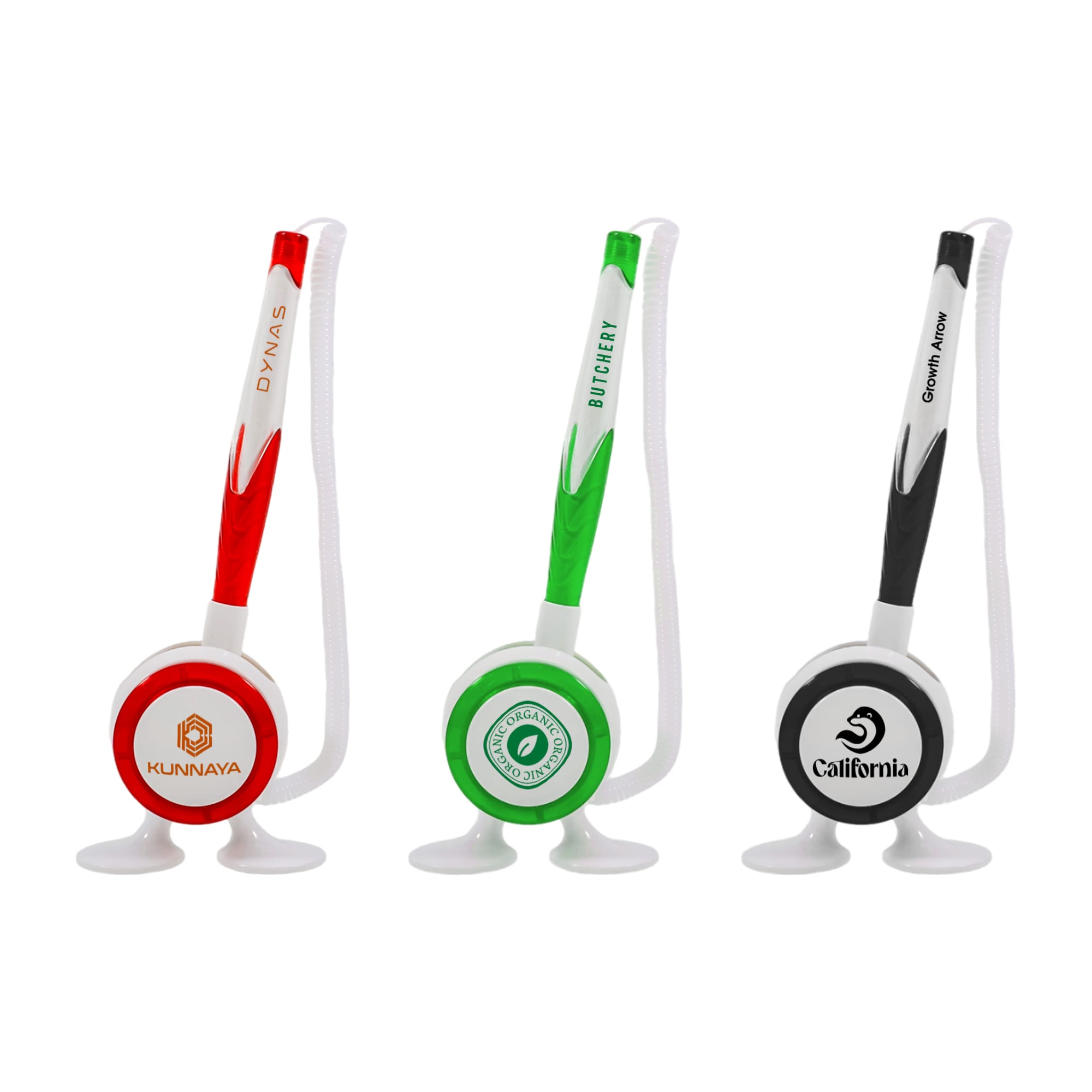 A set of three promotional fixed signature pens featuring green, red, and black accents with a white base and branding logos. Counter Fixed Signature Pen C - Image 1