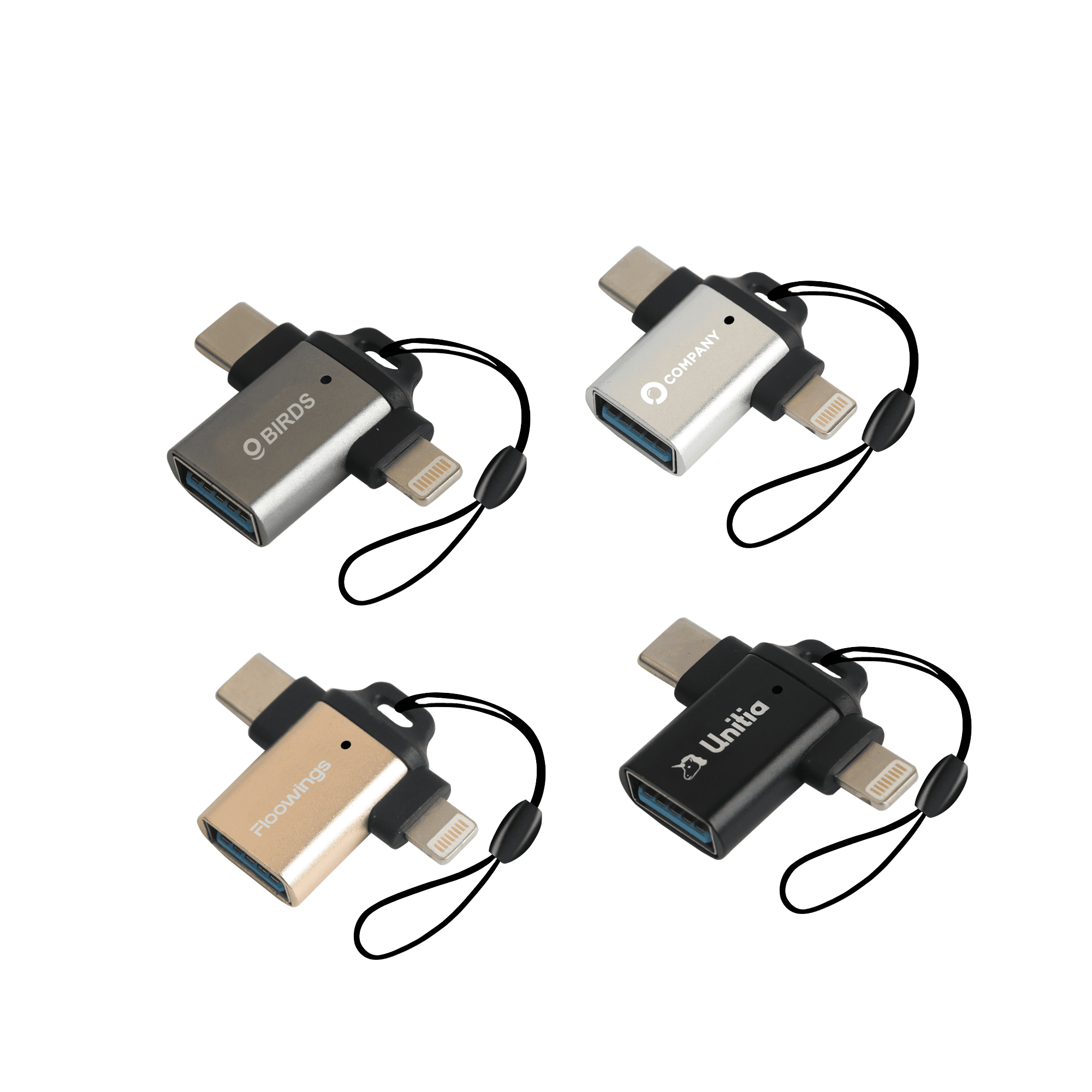 A set of four USB 3.0 to USB C Lightning OTG adapters in silver, gold, and black, each with a lanyard. USB 3.0 to USB C Lightning OTG Adapter - Image 1