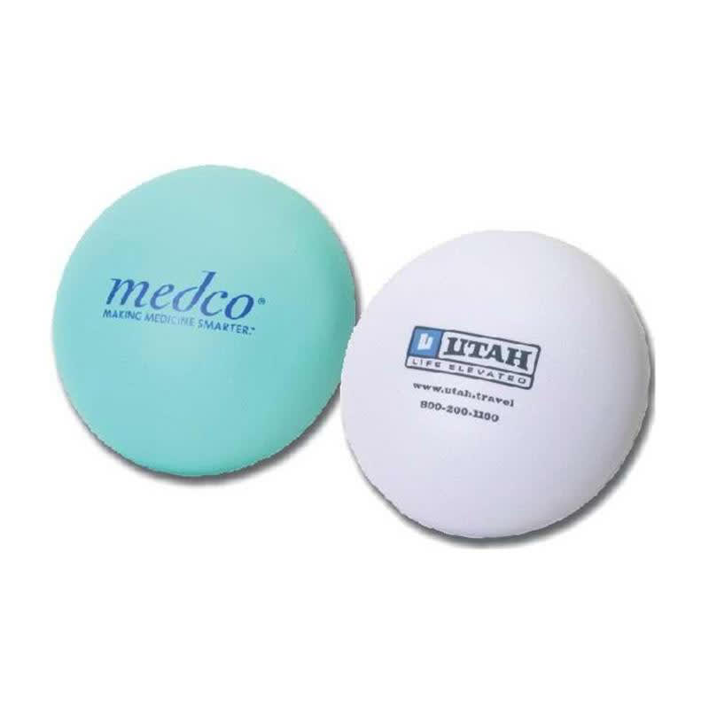 A tablet-shaped stress reliever in mint green and white, featuring two different logos. Tablet Shape Stress Reliever - Image 1