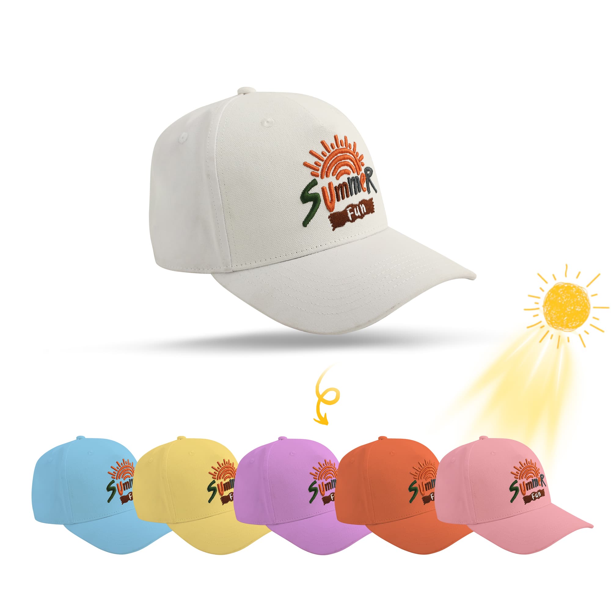 A colour changing baseball cap in light beige, with various caps in blue, pink, purple, orange, and yellow below, featuring a logo. Colour Changing Baseball Cap 5 Panel - Image 1