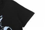 A black cotton t-shirt featuring a unique design on the front and a logo on the sleeve.