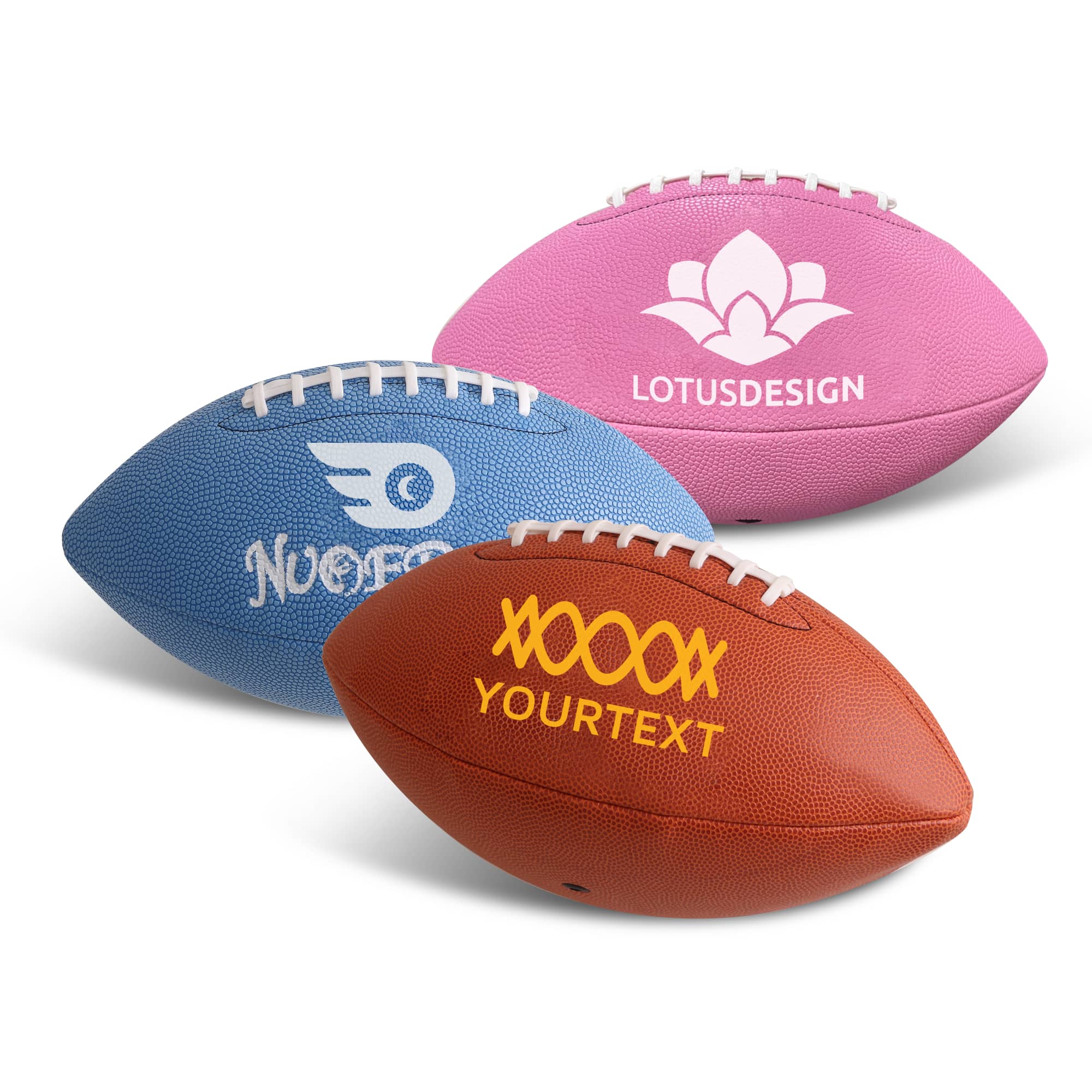 A set of three footballs in blue, pink, and brown, featuring various designs and a logo on each ball. Training American Football - Image 1