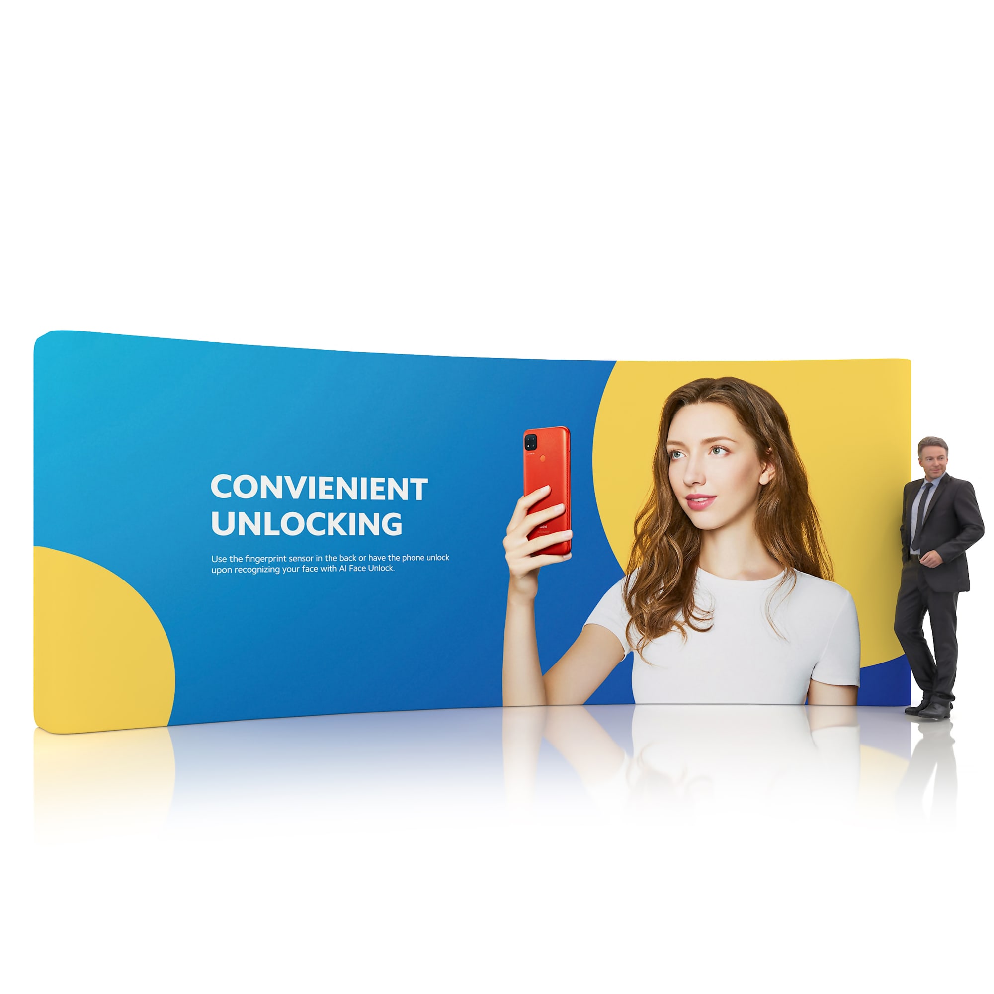 A curved tension fabric display wall featuring bold blue and yellow colours, with an image of a woman holding a smartphone. 6m Curved Tension Fabric Display Wall - Image 1