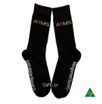 Black dress and business socks featuring logos in white and orange, with a branding label.