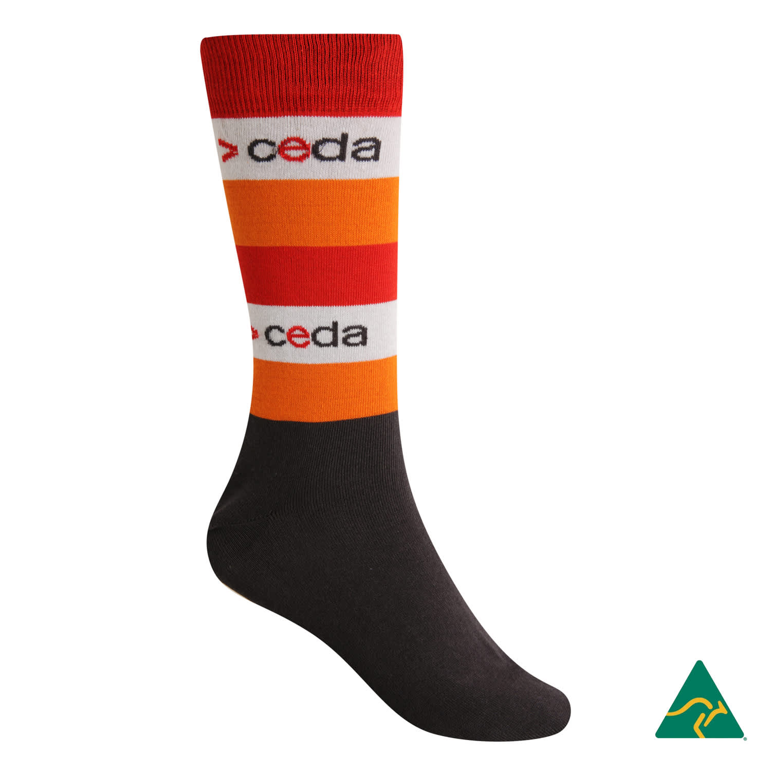 A pair of striped socks featuring orange, red, and white bands, with a black base and a logo. A pair of striped socks featuring orange, red, and white bands, with a black base and a logo.
