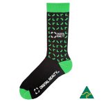 A pair of black socks with green accents and a logo, featuring a geometric pattern.
