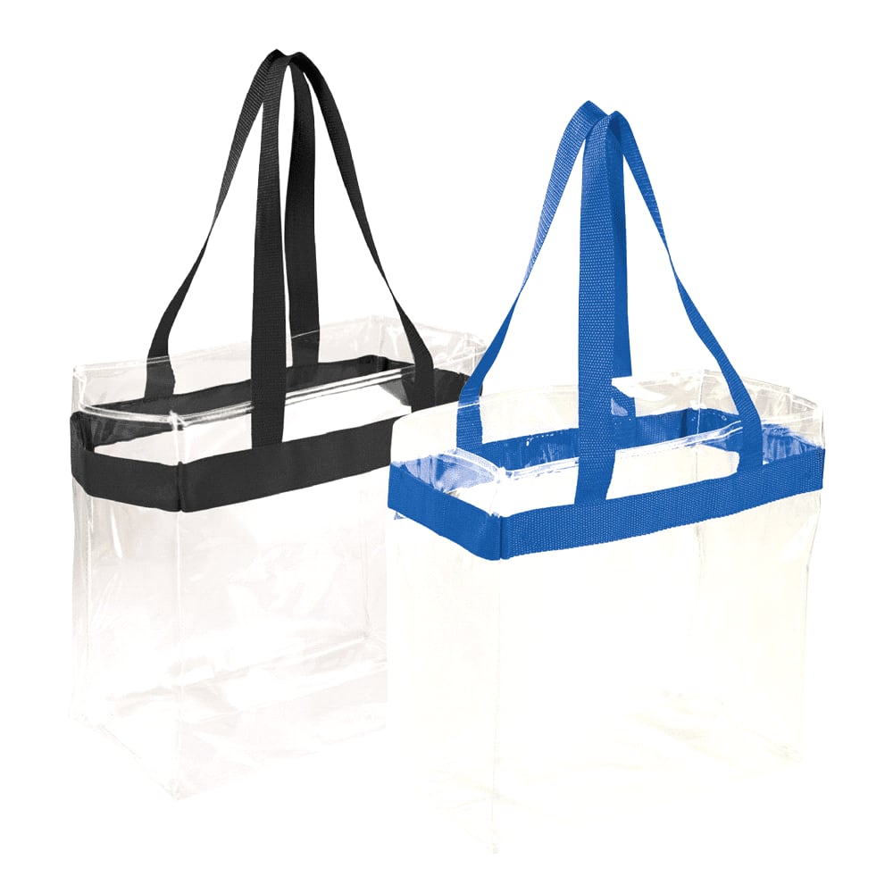 Two clear stadium tote bags, one with black straps and the other with blue straps. Both feature logos. Game Day Clear Stadium Tote 15L - Image 1