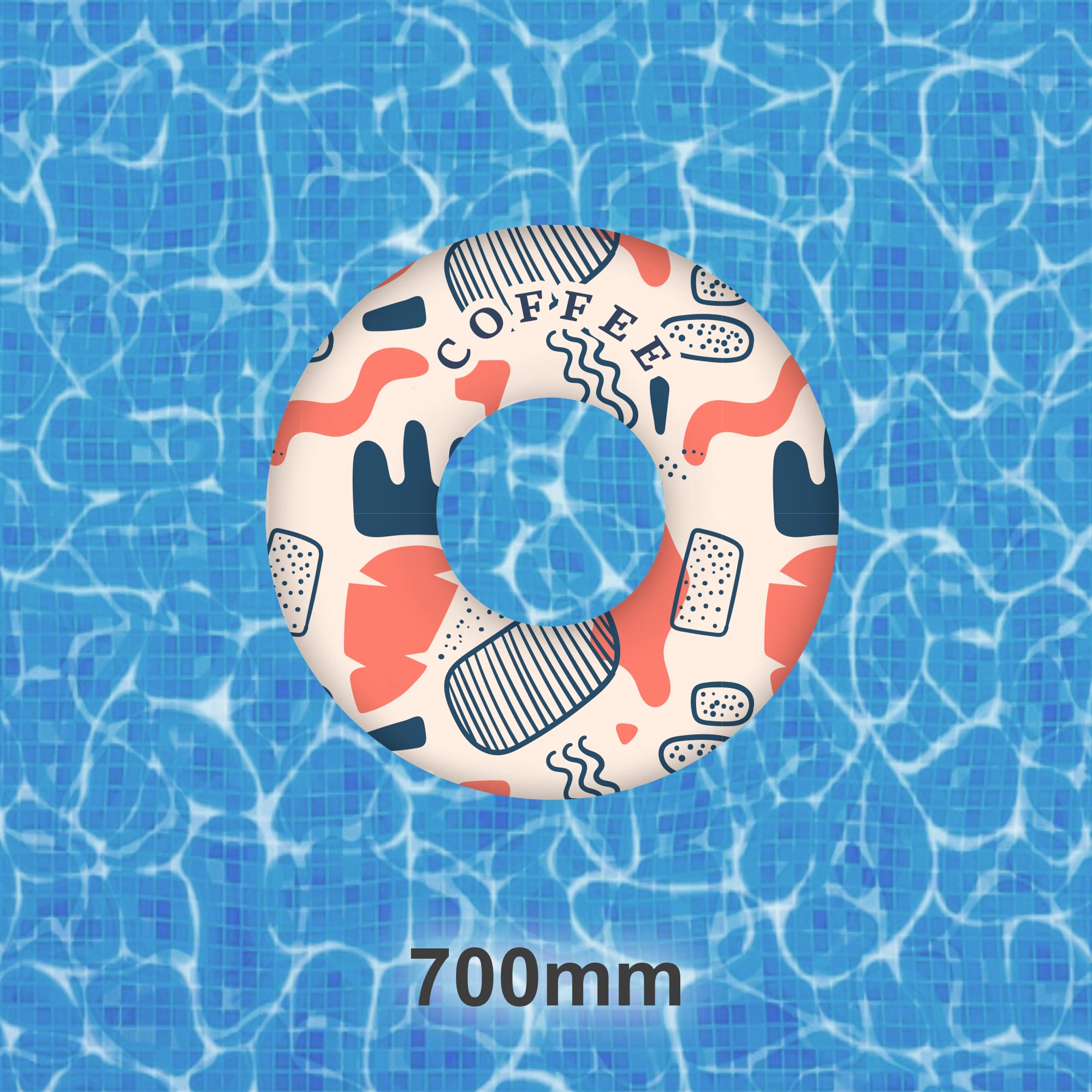 An inflatable swim ring, 70cm in size, featuring a colourful coffee-themed design, floating in a pool. Inflatable Swim Ring(70cm) - Image 1