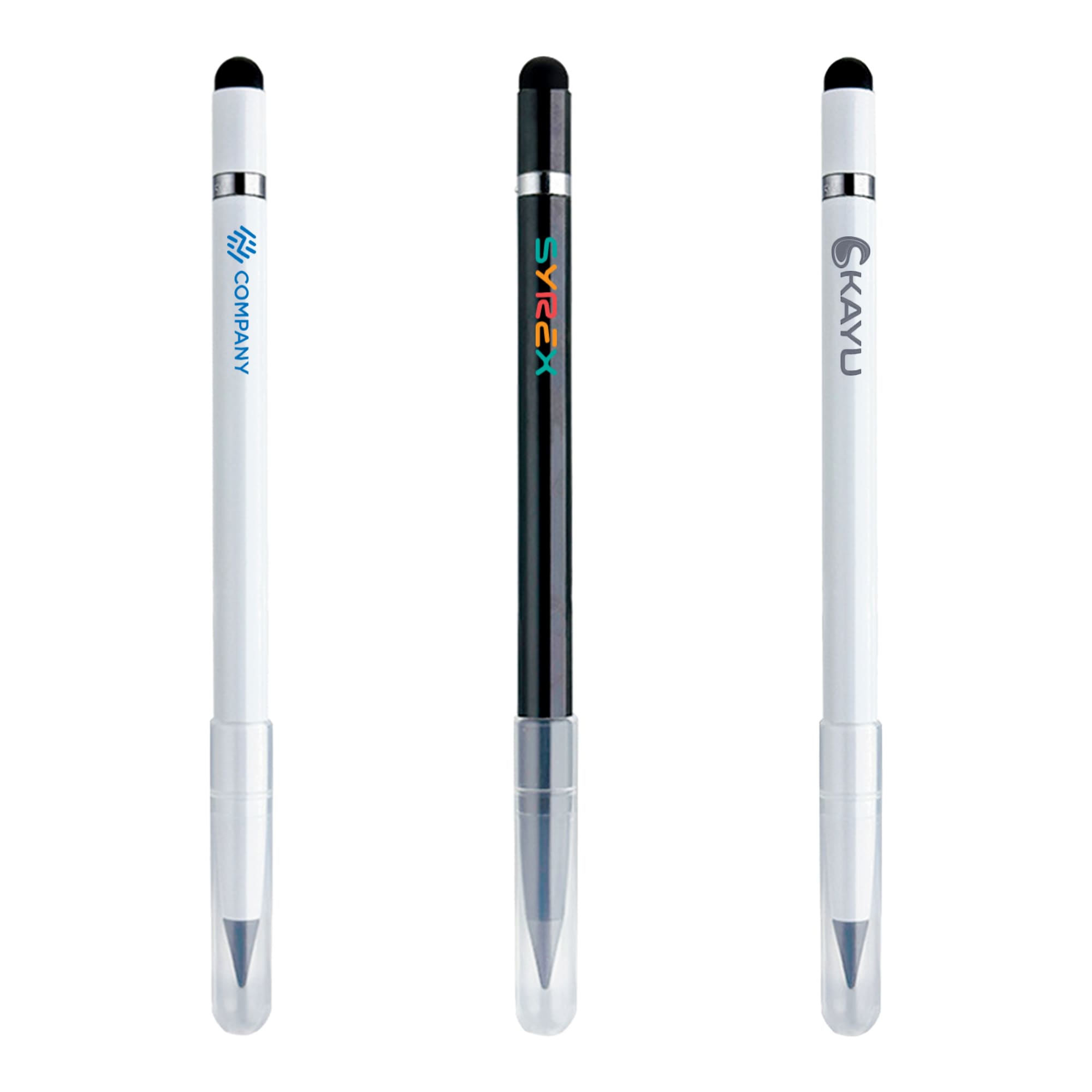 Three 3-in-1 eternal pencils in black and white, featuring a logo on one pencil and a clear sheath at the bottom. 3 in 1 Eternal Pencil - Image 1