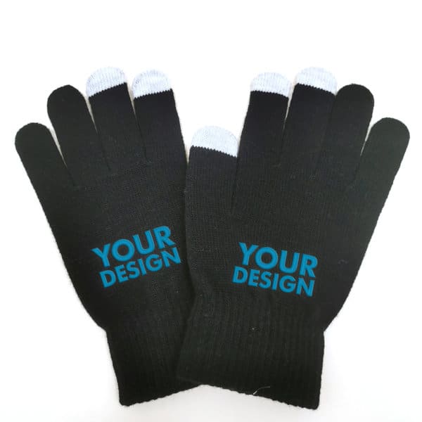 Black knitted touchscreen gloves with light grey tips and a branding logo. Suitable for use with touchscreen devices. Black knitted touchscreen gloves with light grey tips and a branding logo. Suitable for use with touchscreen devices.