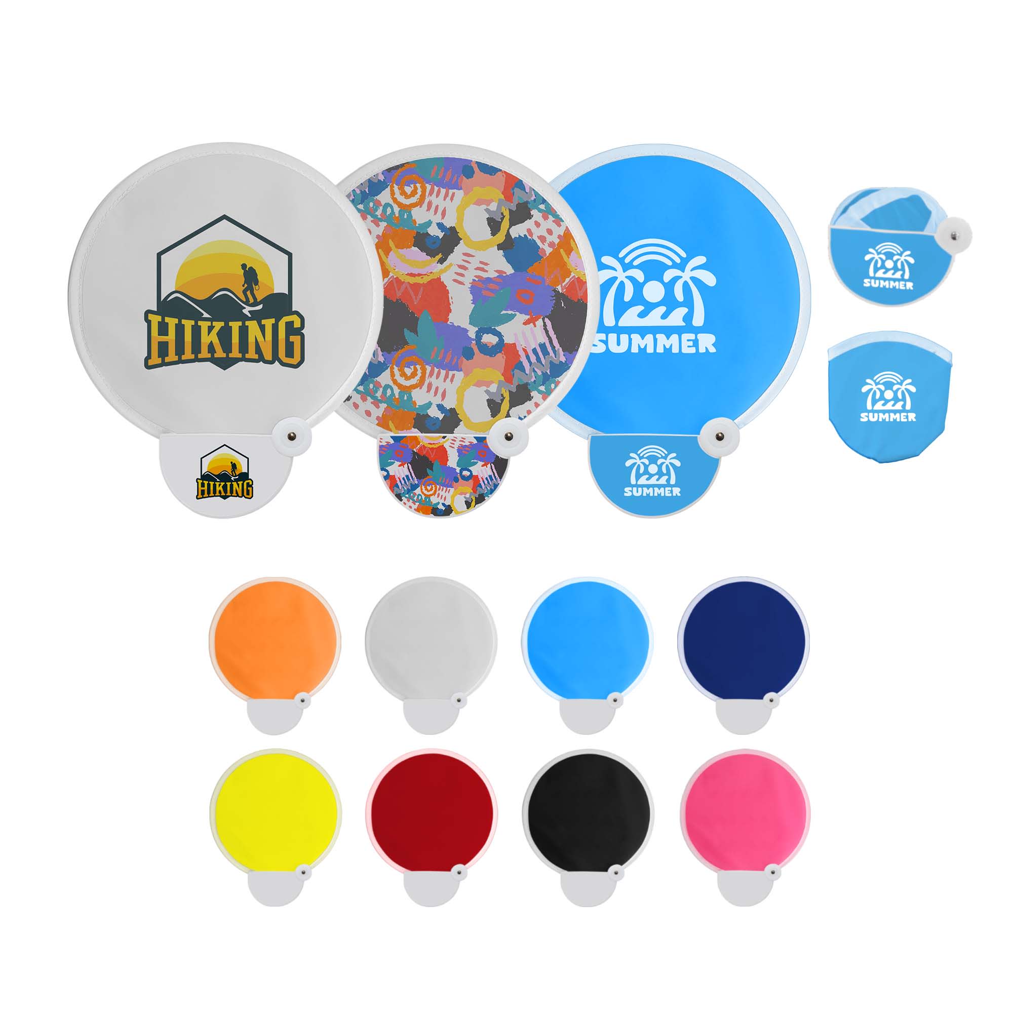 A collection of foldable fans in various colours, featuring different designs and a logo. 20cm Foldable Fan B - Image 1