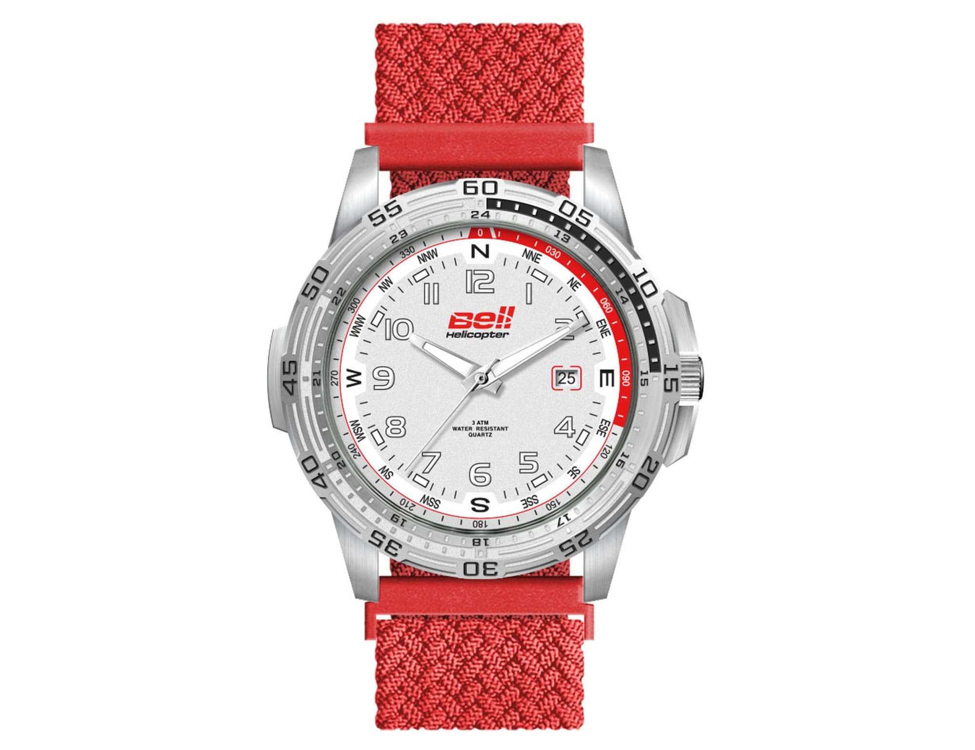 A sports watch with a white dial, silver case, and red nylon strap, featuring a logo on the face. Sports Watch, Nylon Strap - Image 1