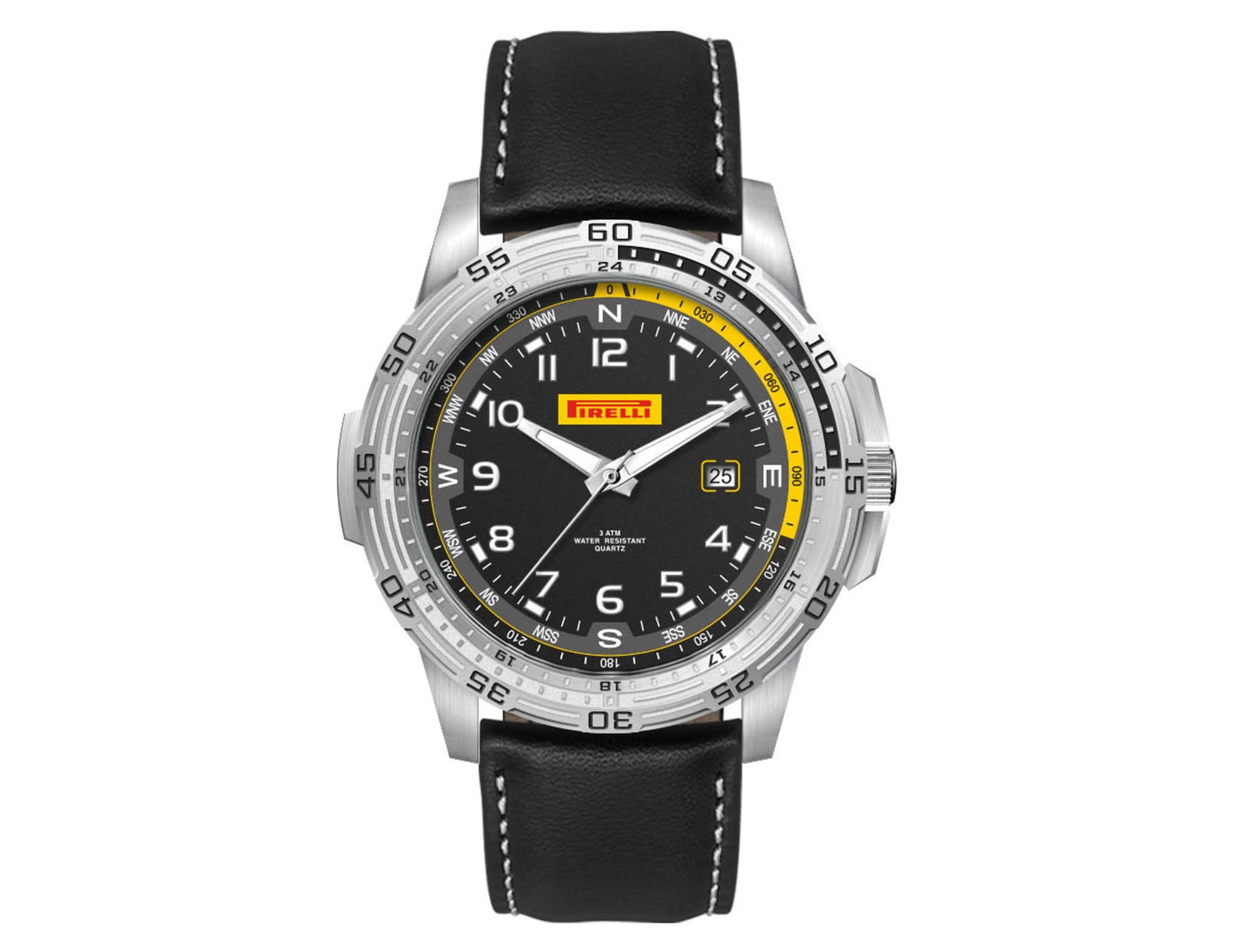 Sports watch with a black leather strap, stainless steel case, and a black dial featuring yellow accents and a date display. Sports Watch, Leather Strap - Image 1
