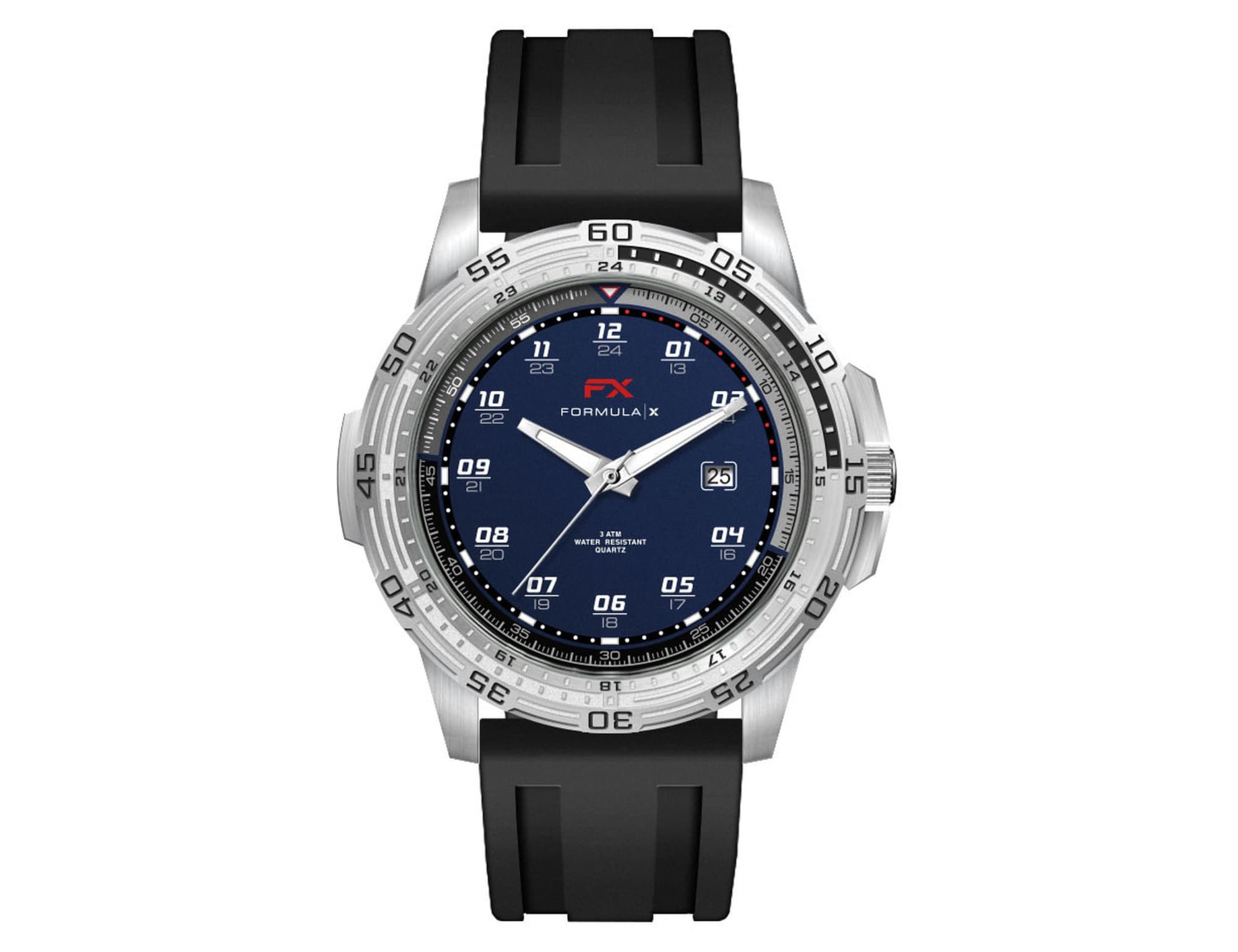 A sports watch with a navy blue dial and silver-tone case, featuring a black silicone strap and a logo. Sports Watch, Silicone Strap - Image 1
