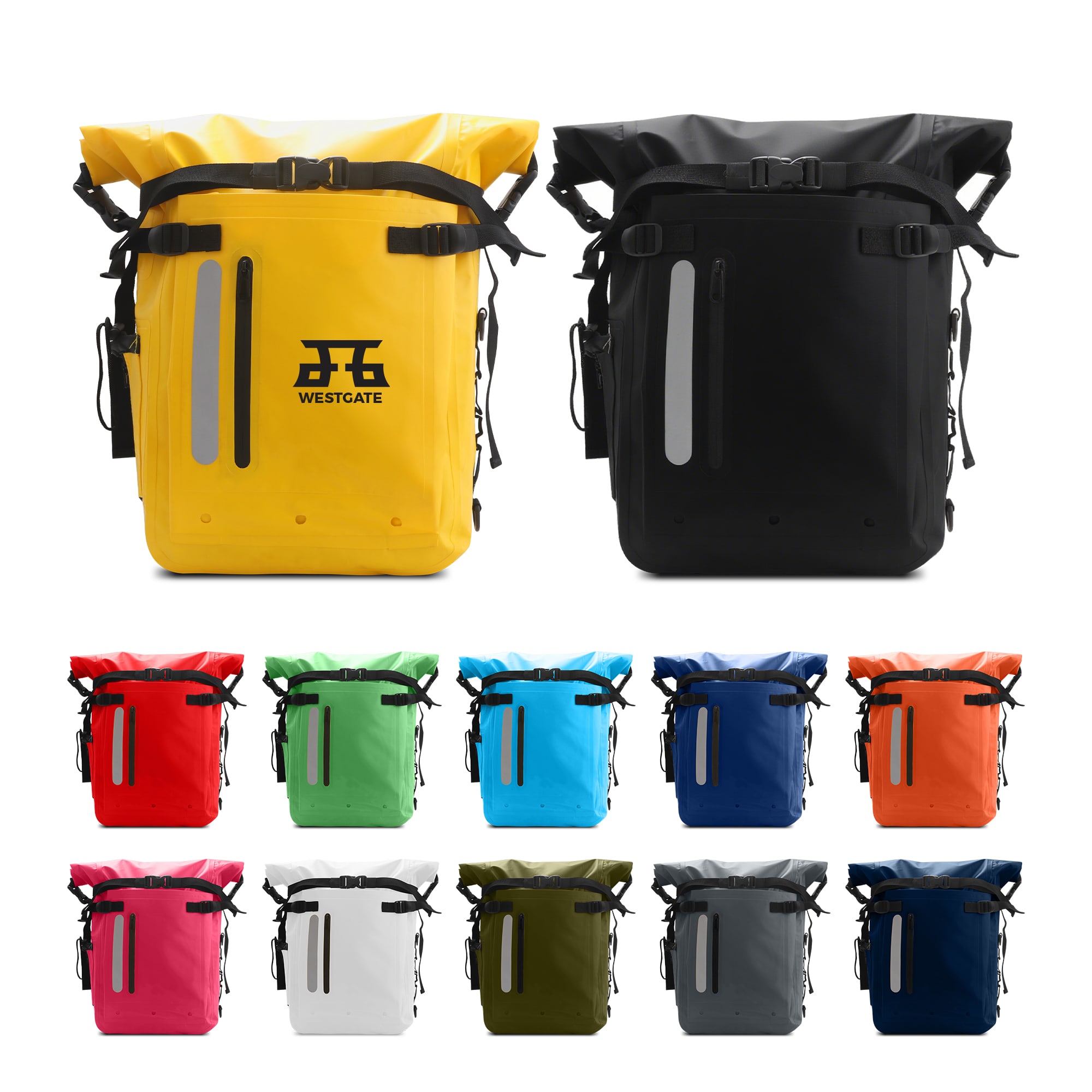 A waterproof roll top backpack available in various colours including yellow, black, red, green, and blue, featuring a logo. Waterproof Roll Top Backpack - Image 1
