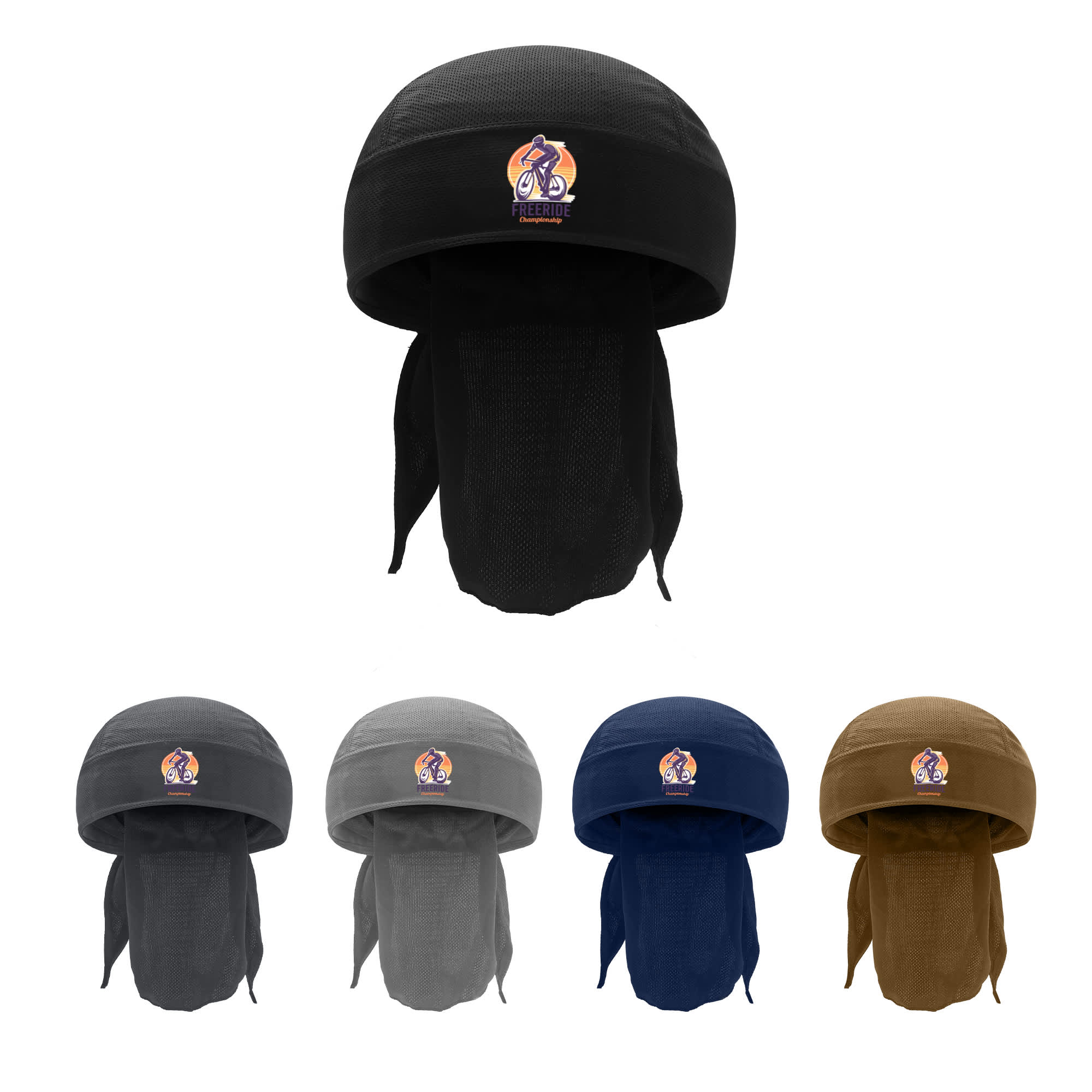 A cycling bandana hat in black, grey, navy, and brown, featuring a logo on the front. Cycling Bandana Hat - Image 1
