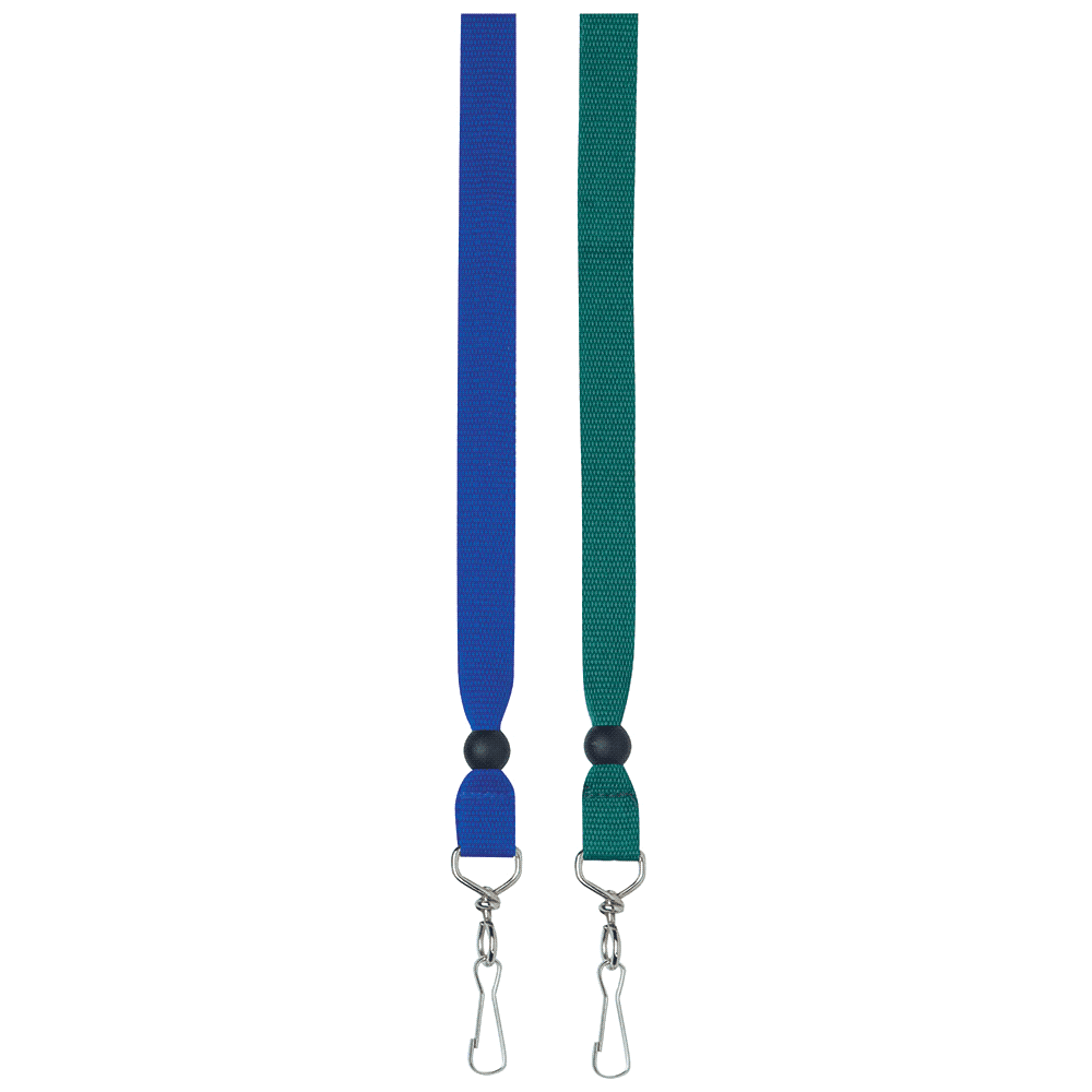A blue and green ribbon lanyard, 15mm wide, featuring metal clips at both ends and a design for events. Ribbon Lanyard - 15mm - Image 1