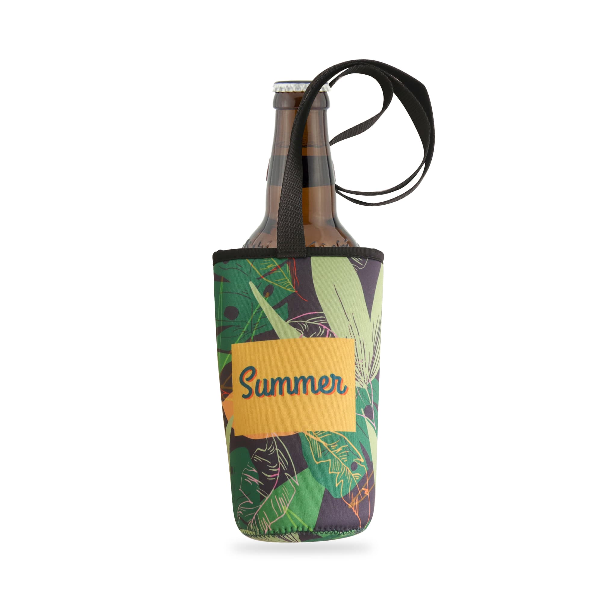 A drink bottle holder with a lanyard in green and yellow, featuring a tropical leaf design and a logo. Stubby Holder with Lanyard - Image 1