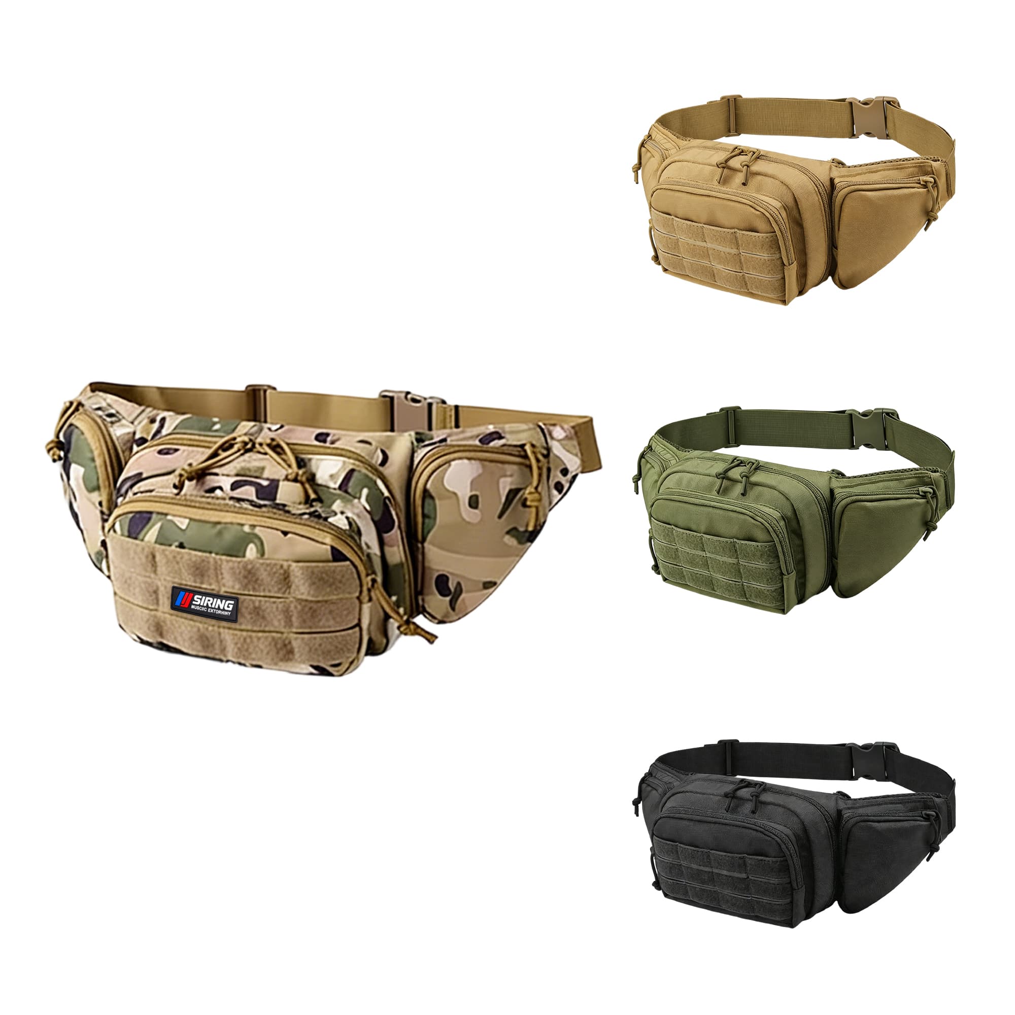 A tactical fanny pack in camouflage, tan, olive green, and black colours, featuring multiple pockets and a logo. Tactical Waist Bag - Image 1