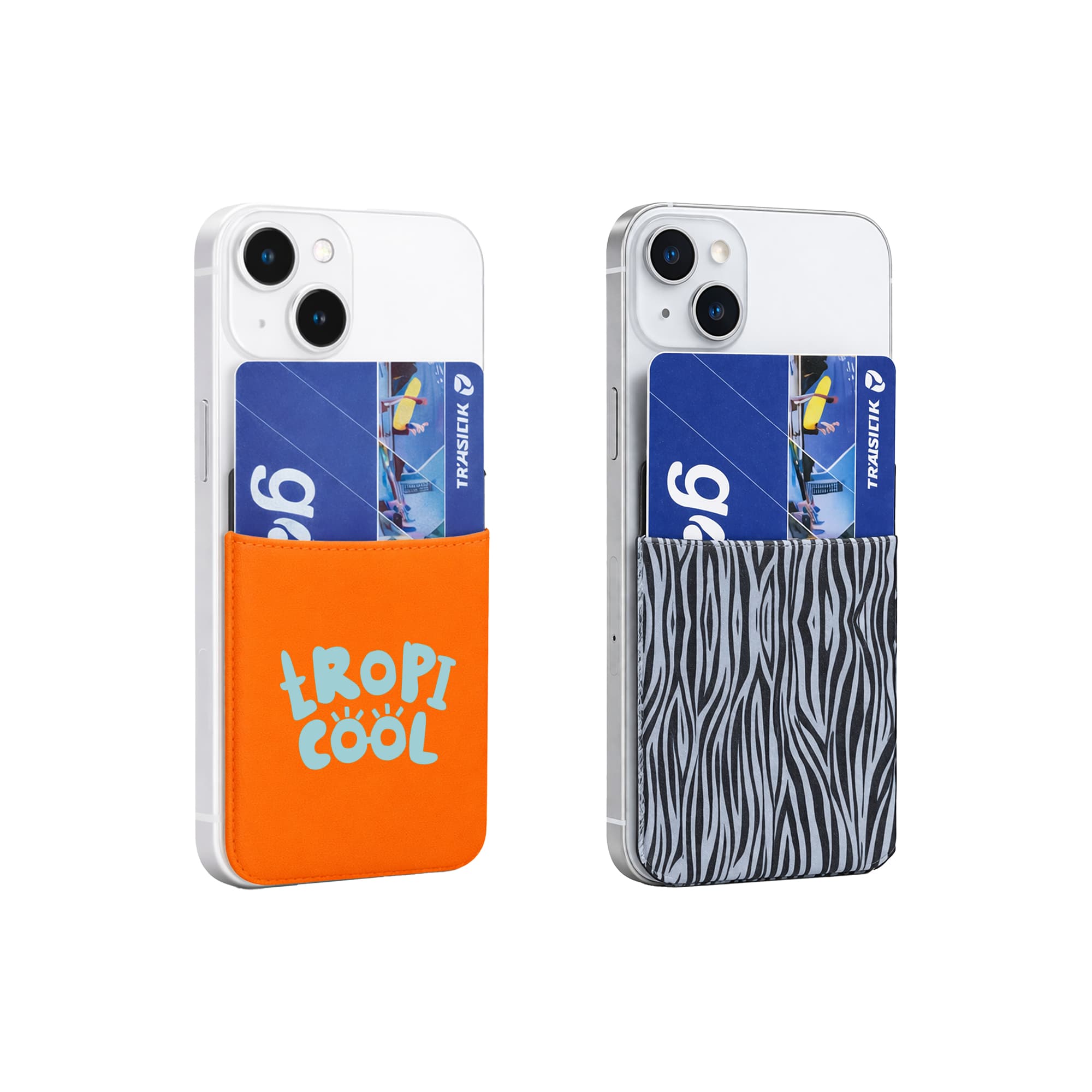 A phone wallet in orange with "TROPI COOL" and a black-and-white zebra print design, both holding cards. Lycra Smart Wallet - Image 1