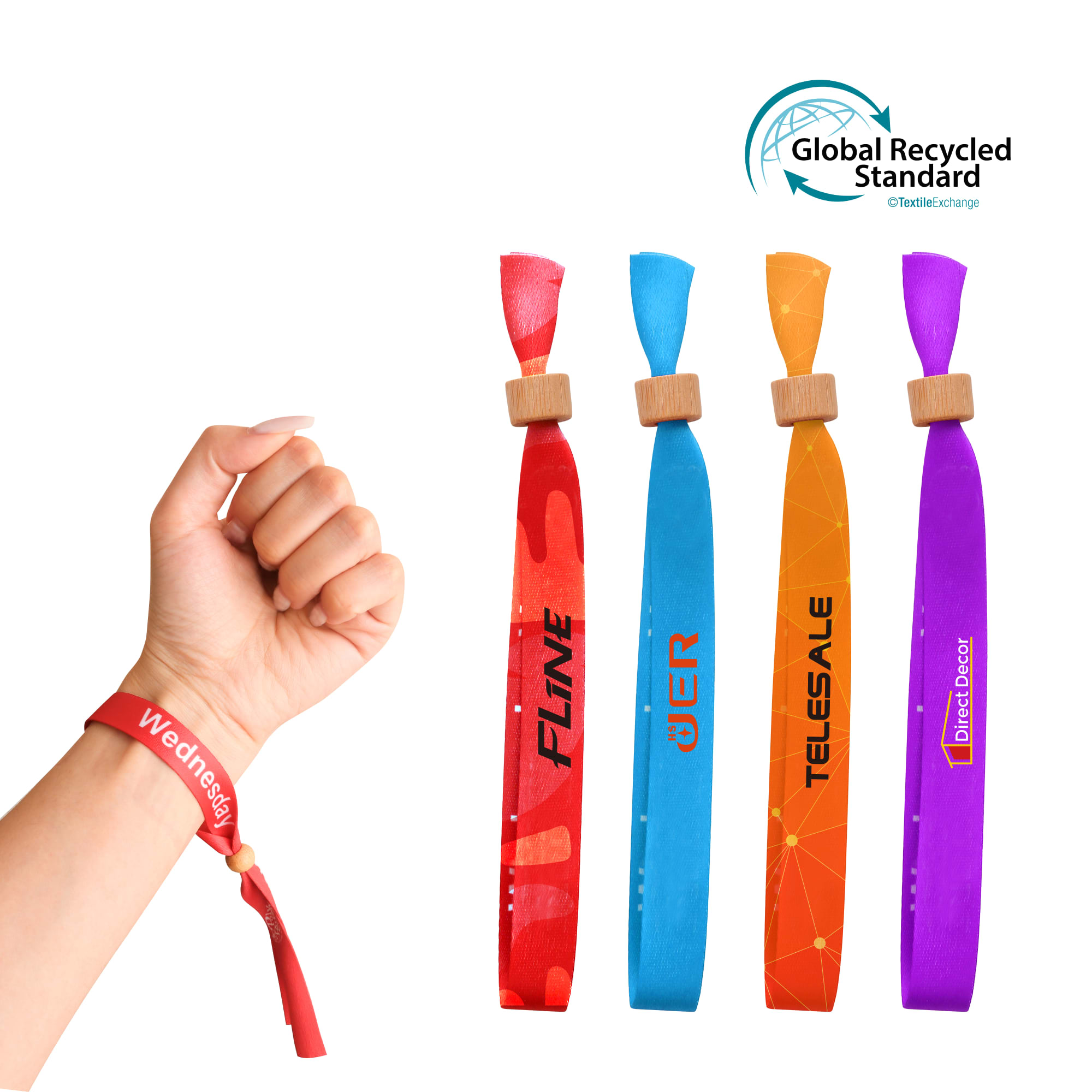A hand displaying four RPET fabric wristbands in red, orange, yellow, and purple, featuring bamboo toggles and logos. RPET Fabric WristBand with Bamboo toggle - Image 1