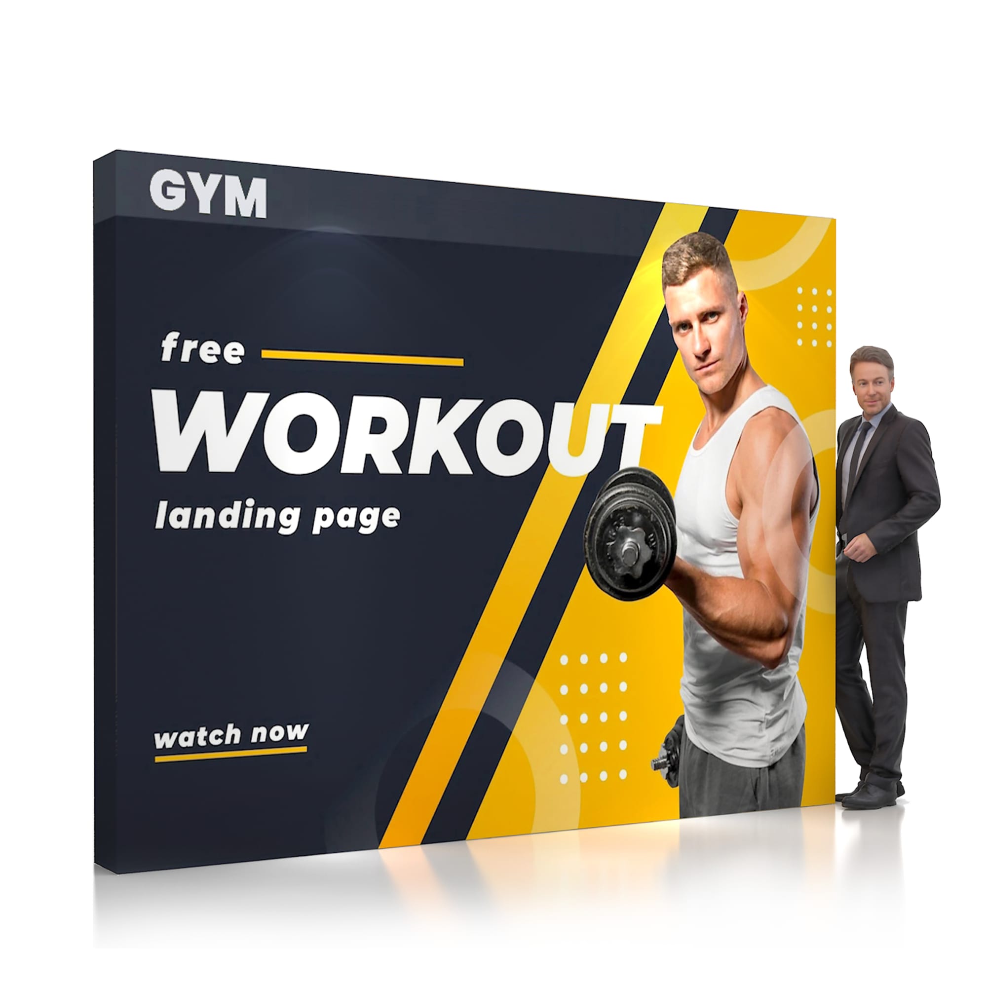 A large pop-up display wall featuring a muscular man holding a dumbbell, with a black and yellow design and branding. 3m Straight Pop Up Display Wall - Image 1