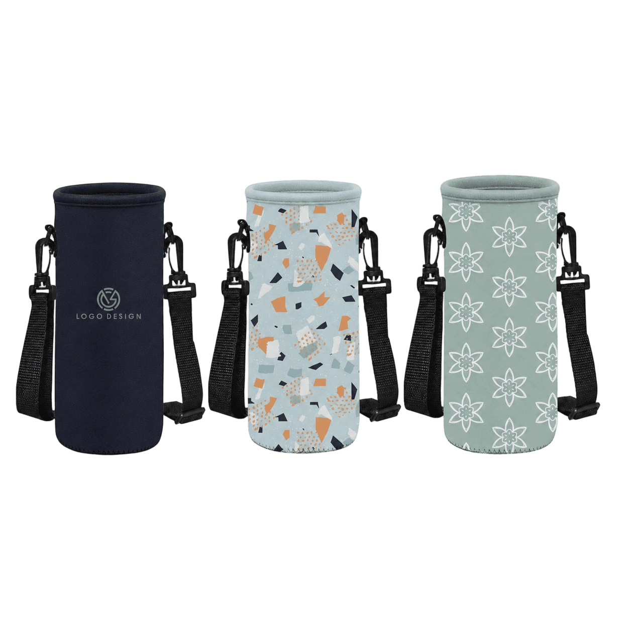 A drink bottle carrier featuring three designs: a navy blue, a geometric pattern, and a floral pattern, each with straps. Water Bottle Carrier - Image 1