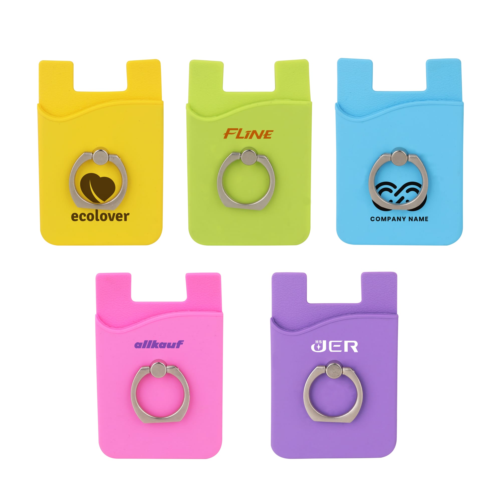 Five colourful smartphone wallets with rings in yellow, green, blue, pink, and purple, featuring various logos. Smart Wallet with Ring - Image 1