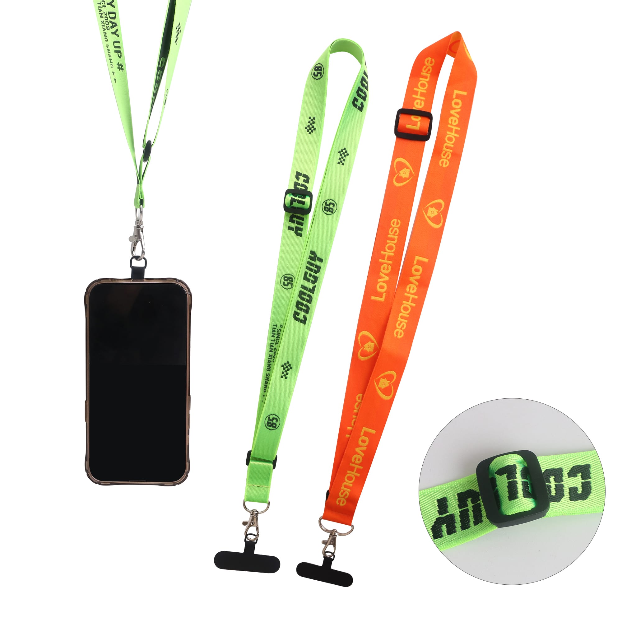 An adjustable woven phone lanyard in vibrant green and orange colours, featuring a logo and a secure clip for attachment. Adjustable Woven Phone Lanyard - Image 1