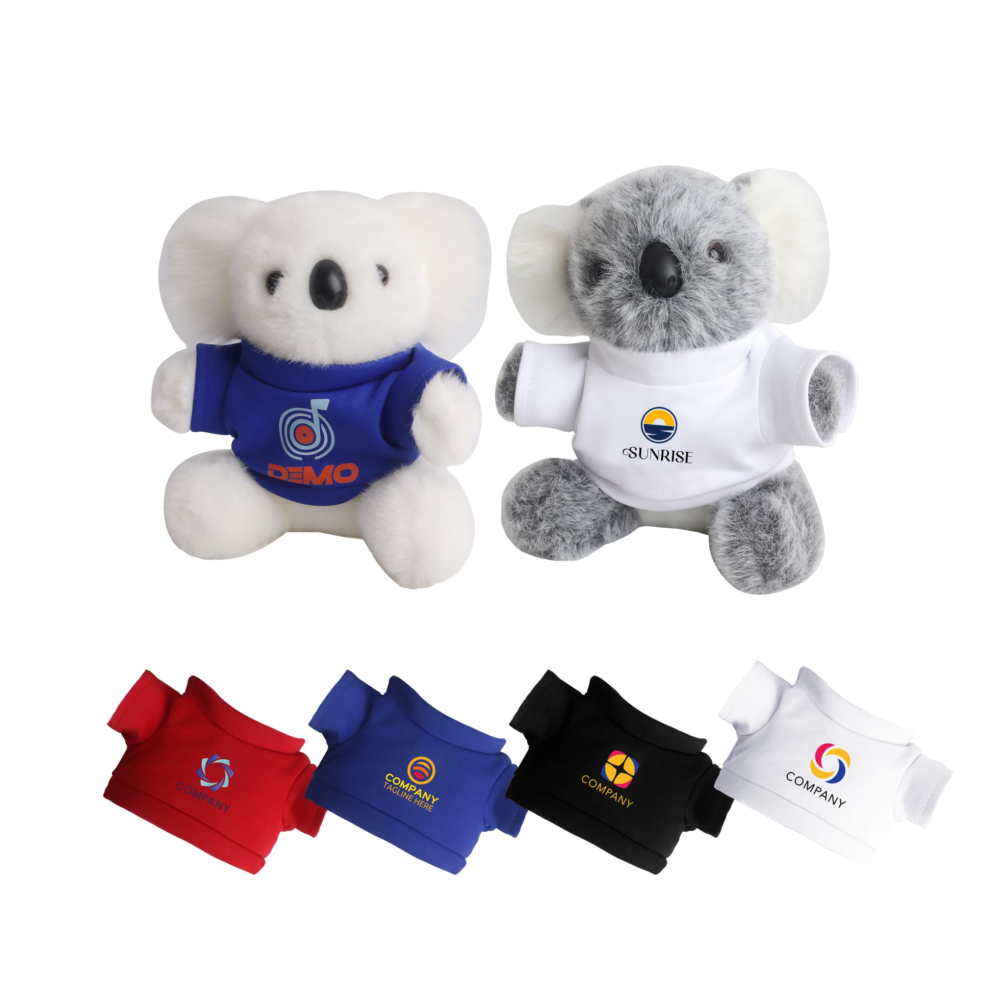 A pair of koala plush toys in white and grey with various coloured shirts, including red, black, and blue. T-shirt Koala Plush Toy - Image 1