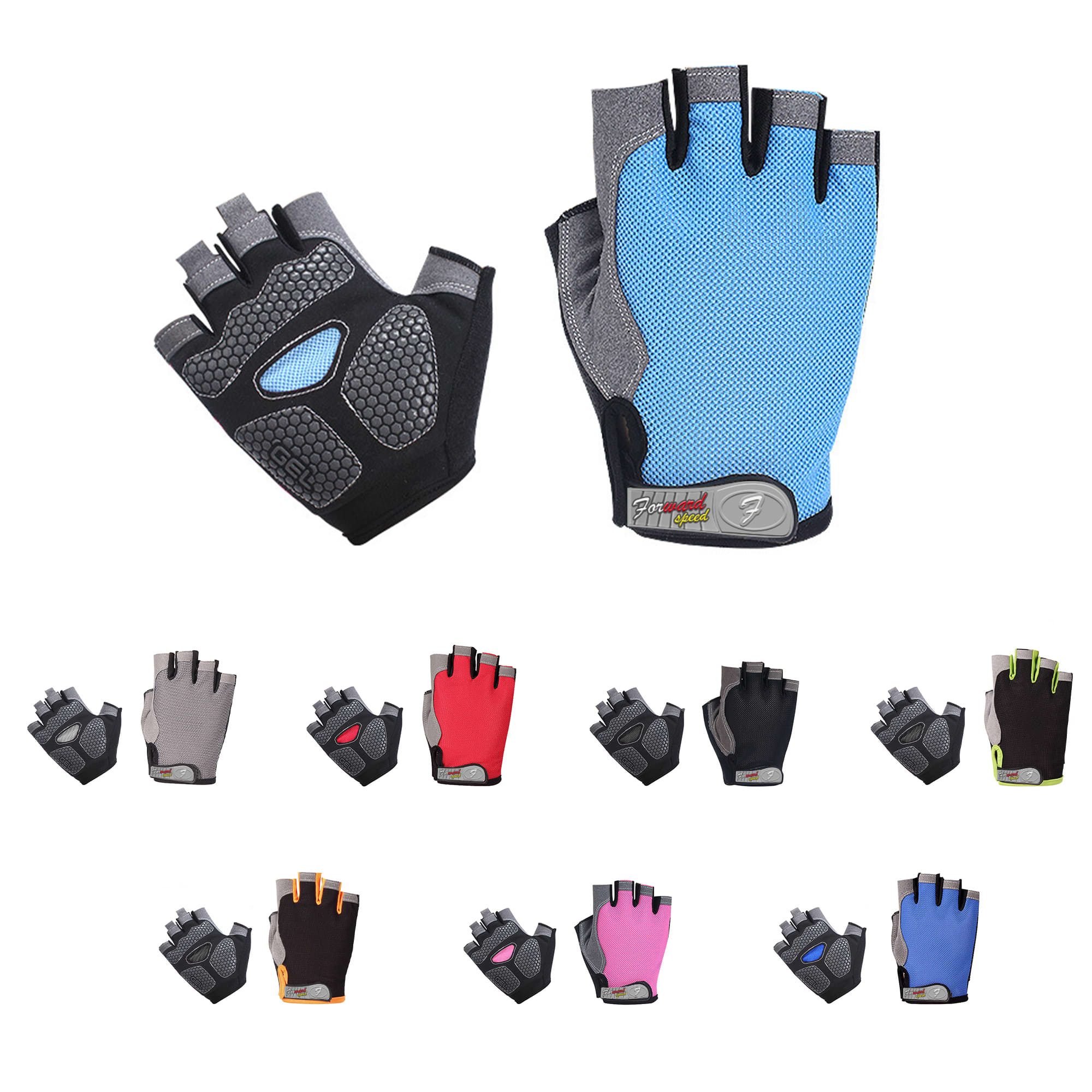 Anti-slip bike gloves in various styles, featuring black, blue, red, pink, and grey colours, with a logo present. Anti-Slip Bike Gloves - Image 1