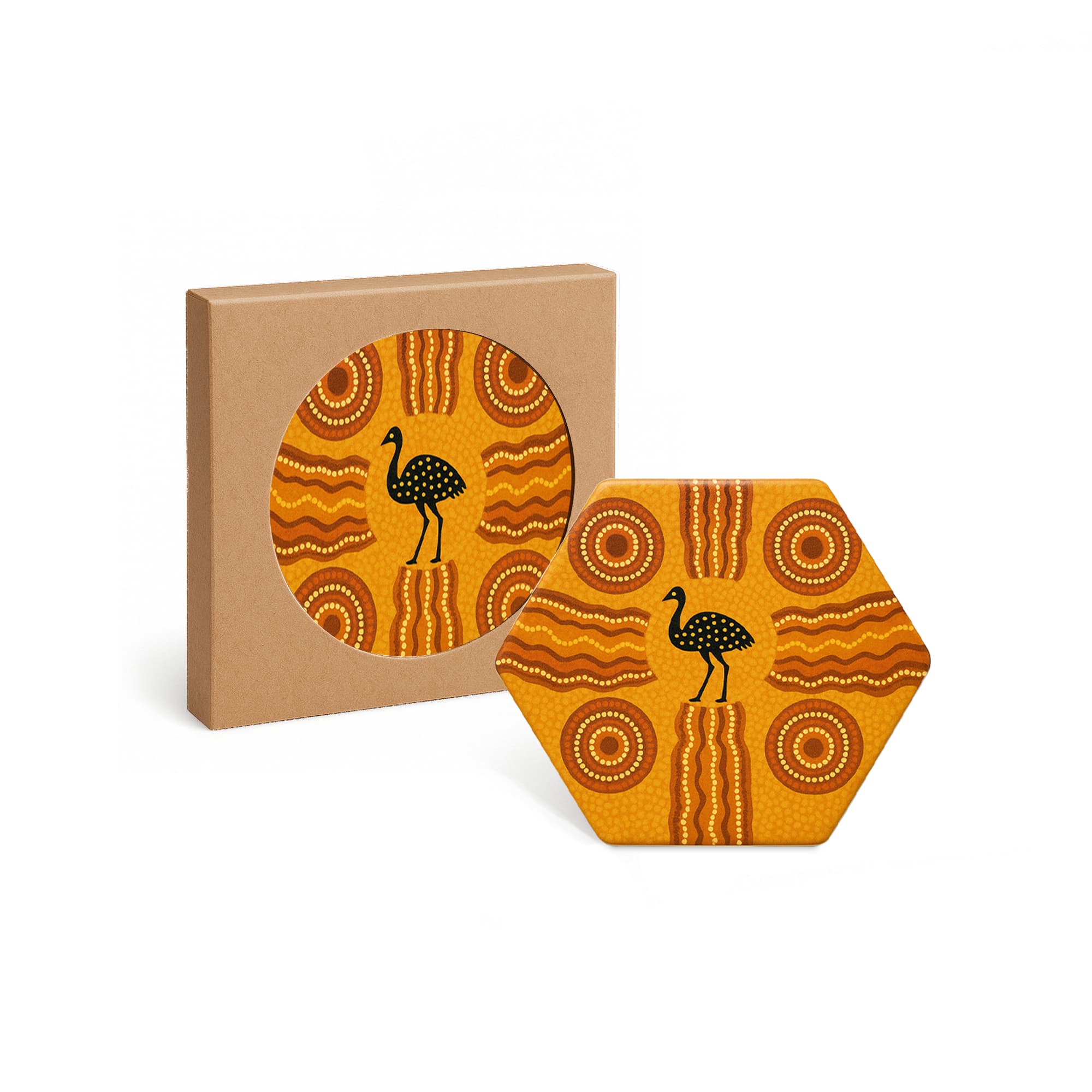 A hexagon ceramic coaster in vibrant orange, featuring a design with dotted patterns and a black bird silhouette, in a box. Hexagon Ceramic Coaster - Image 1