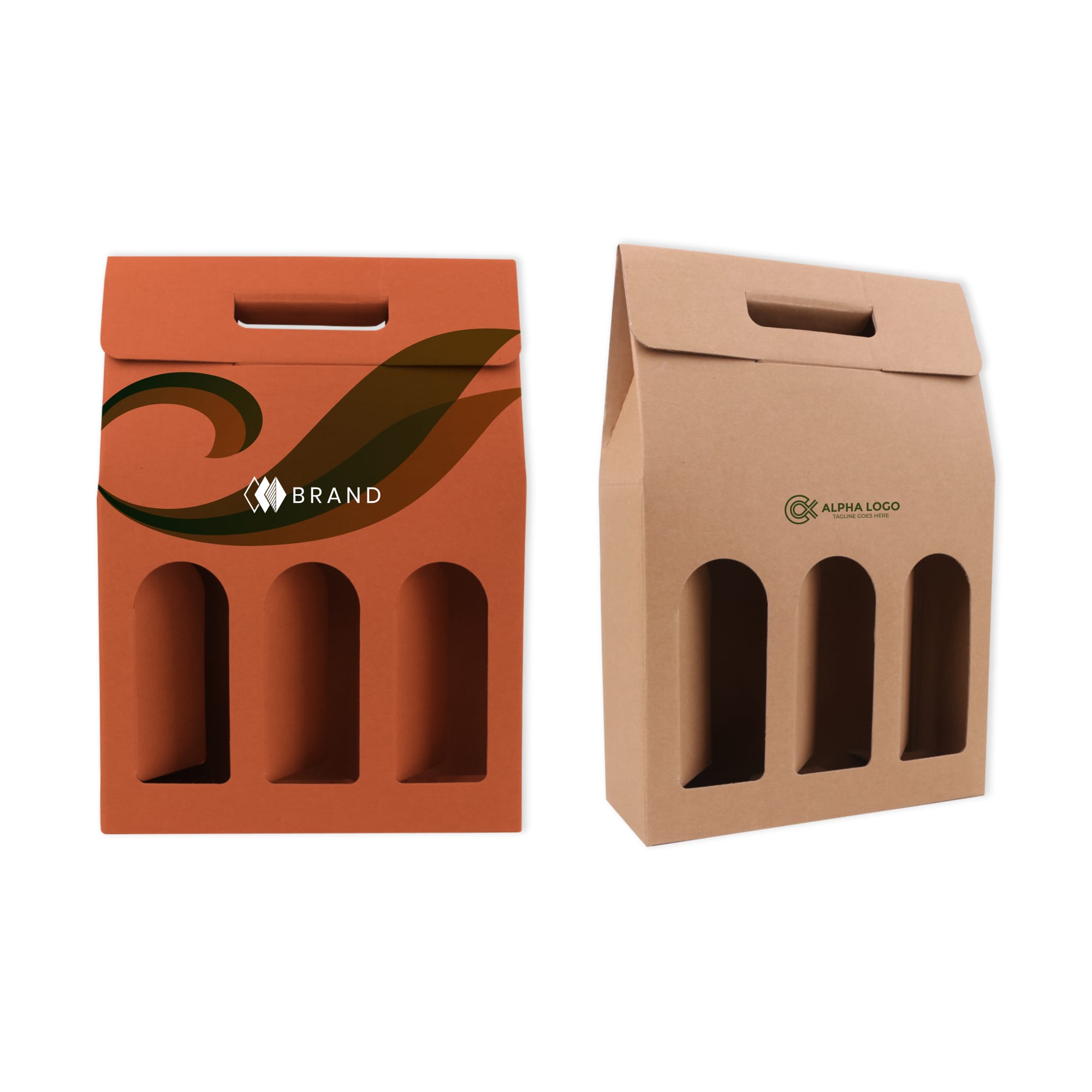 A portable wine box featuring three circular cutouts, in orange and brown cardboard, with branding on both sides. Triple Bottle Portable Wine Box - Image 1