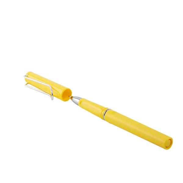 A yellow U-shaped metal gel pen with a silver clip and detailing. Features a smooth writing tip. A yellow U-shaped metal gel pen with a silver clip and detailing. Features a smooth writing tip.