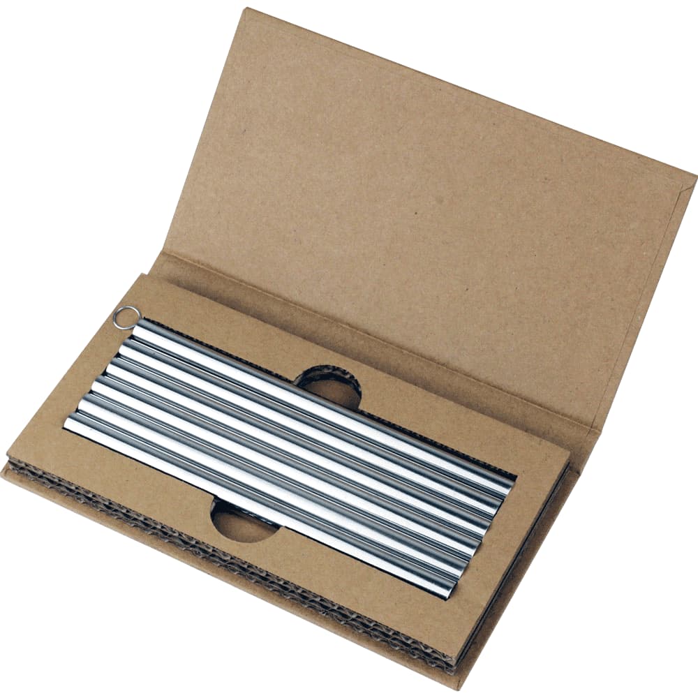 A set of stainless steel drinking straws in a cardboard packaging, showcasing multiple silver straws neatly arranged. Stainless Steel Straws - Image 1