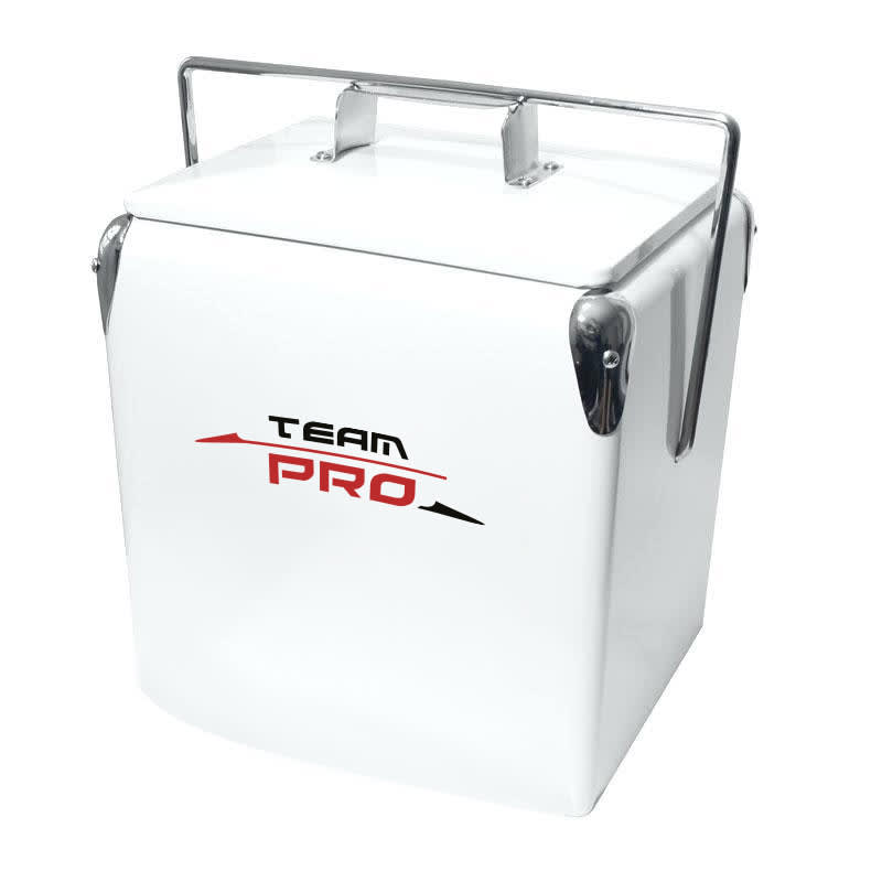 A white metal cooler box with a silver handle and a logo on the front. 13L Metal Cooler Box - Image 1