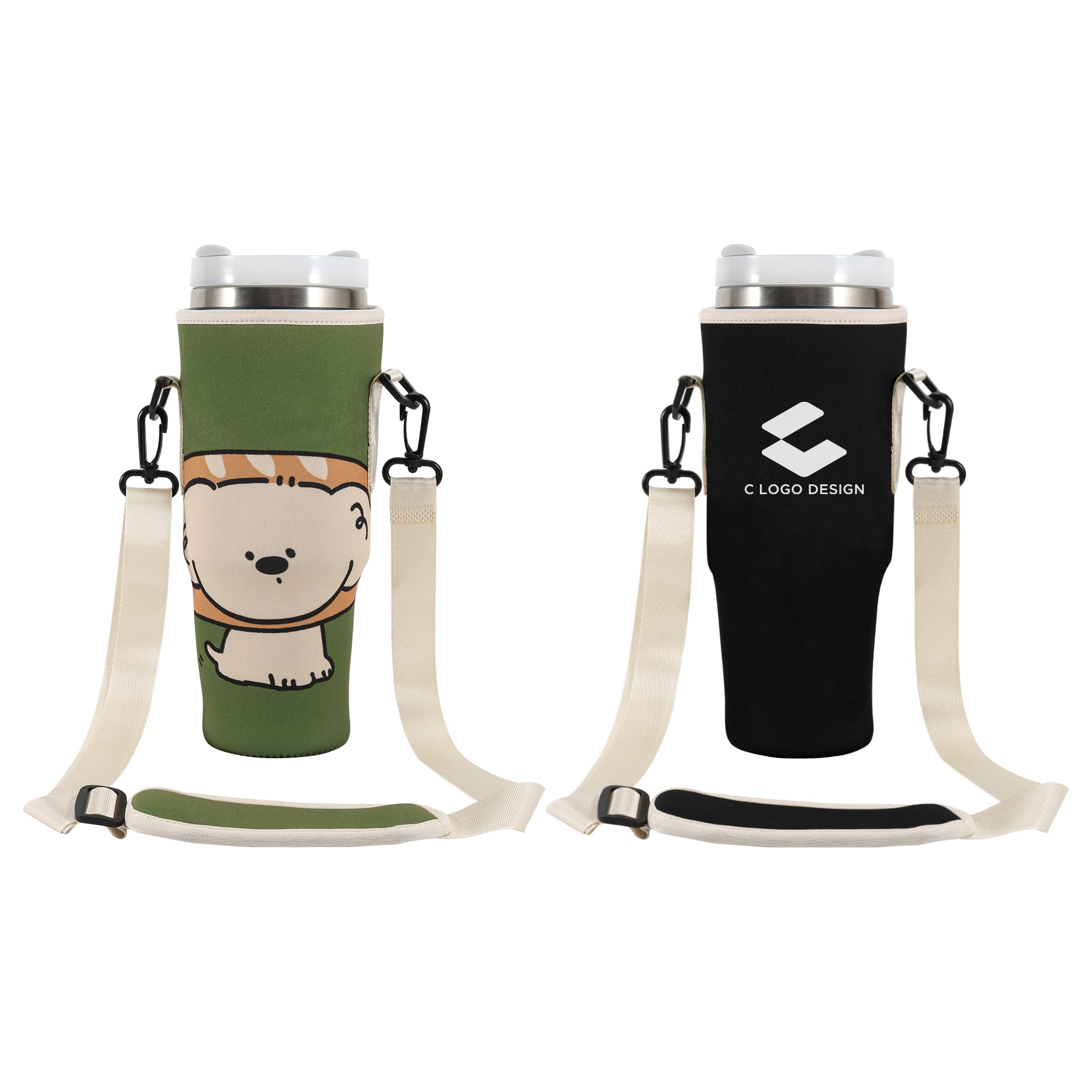 A drink bottle carrier bag featuring a green design with a cartoon character and a black side with a logo. Water Bottle Carrier Bag for Stanley Cup - Image 1