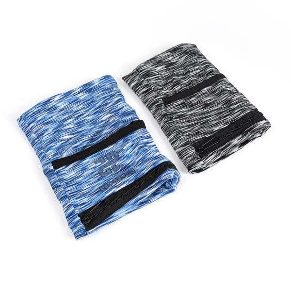 Two folded Sports Zipper Wrist Pouches, one in blue with a textured pattern and one in grey, both with zippers and branding. Two folded Sports Zipper Wrist Pouches, one in blue with a textured pattern and one in grey, both with zippers and branding.