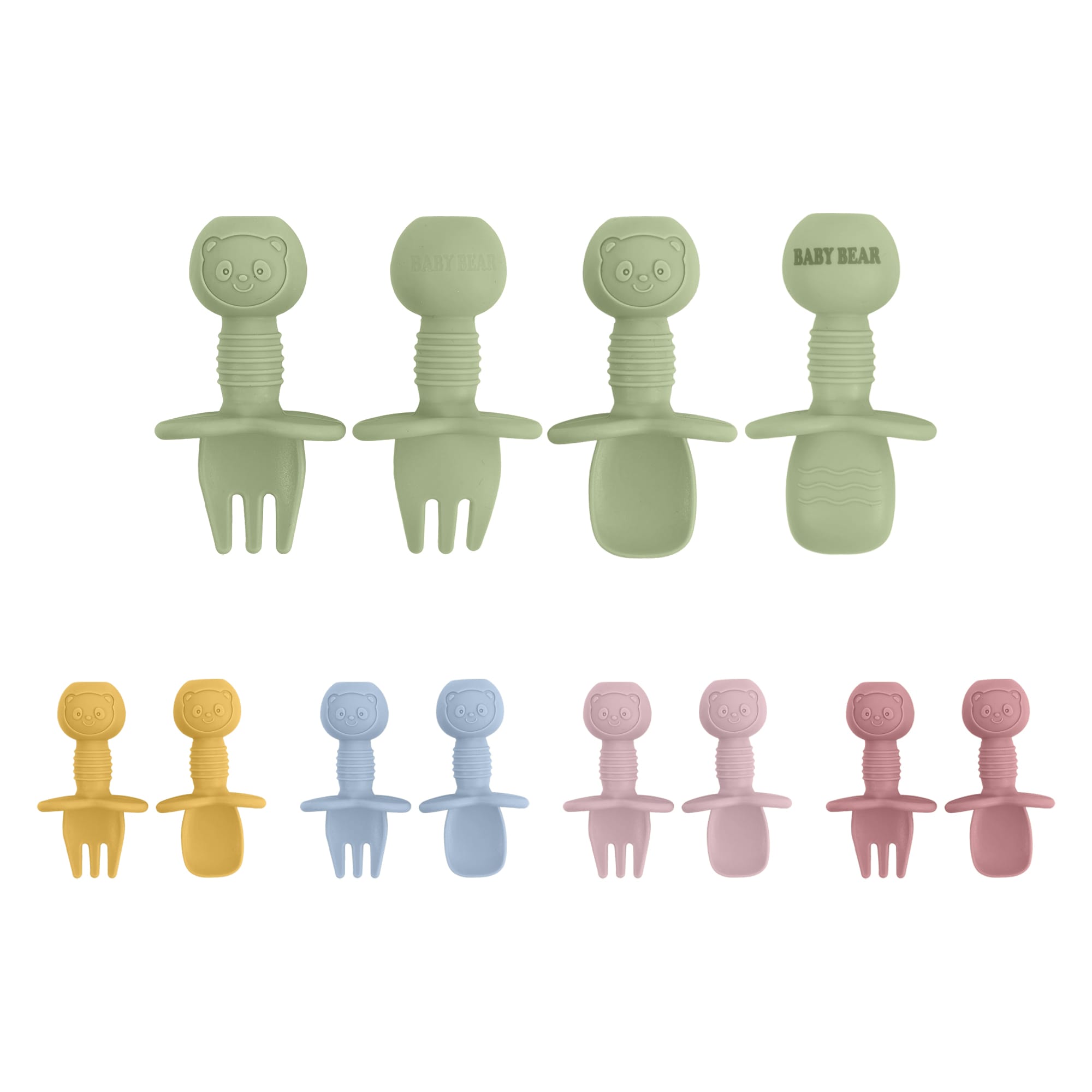 Silicone kids cutlery set in pastel colours, including green, yellow, blue, and pink, featuring bear-shaped designs. Bear Training Silicone Kids Cutlery - Image 1