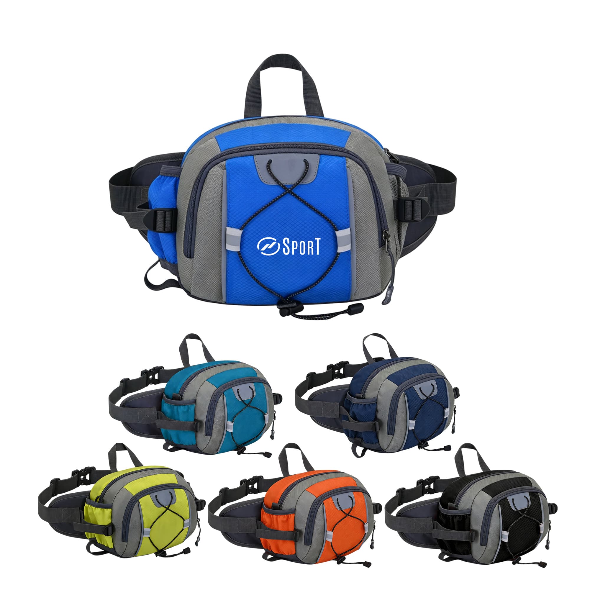 A drink bottle holder waist bag in various colours including blue, orange, green, and navy, featuring multiple compartments and a logo. Bum Bag With Bottle Holder - Image 1