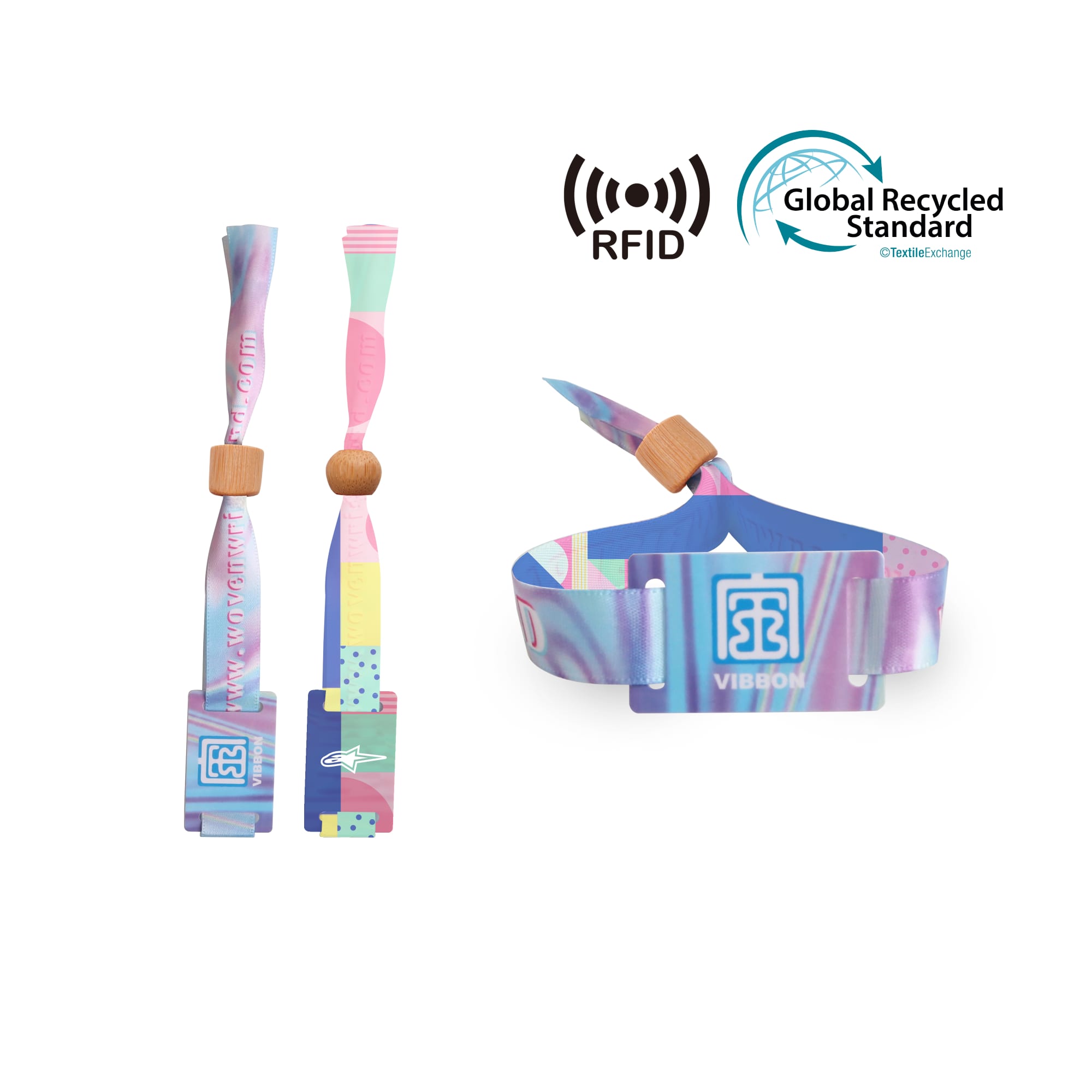Colourful RPET fabric wristbands with RFID cards, featuring a vibrant design and a wooden bead. Includes a logo. RPET Fabric Wristband with RFID Card - Image 1