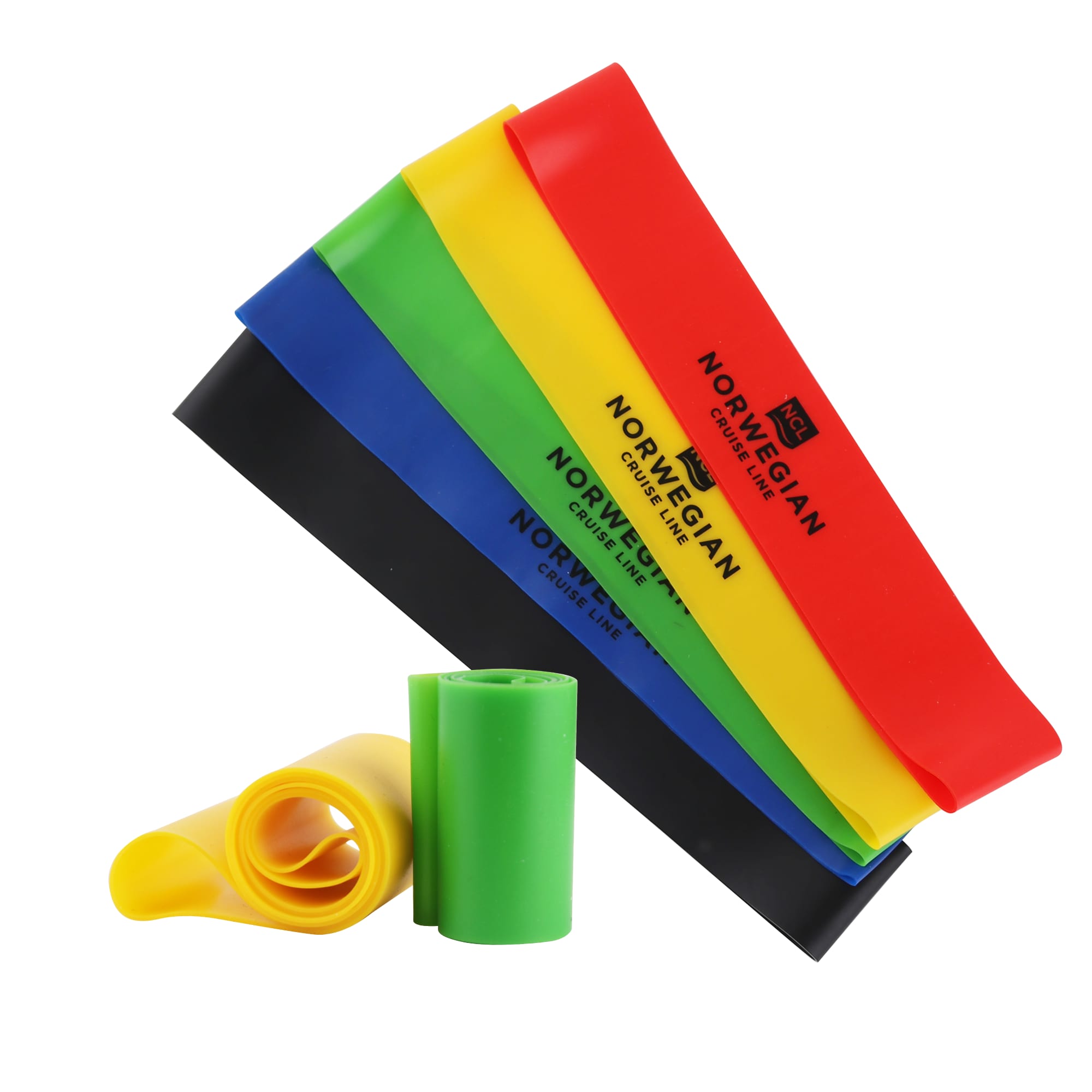 Five latex-free TPE fitness resistance bands in black, blue, red, yellow, and green, with a logo on them. Latex Free TPE Fitness Resistance Band - Image 1
