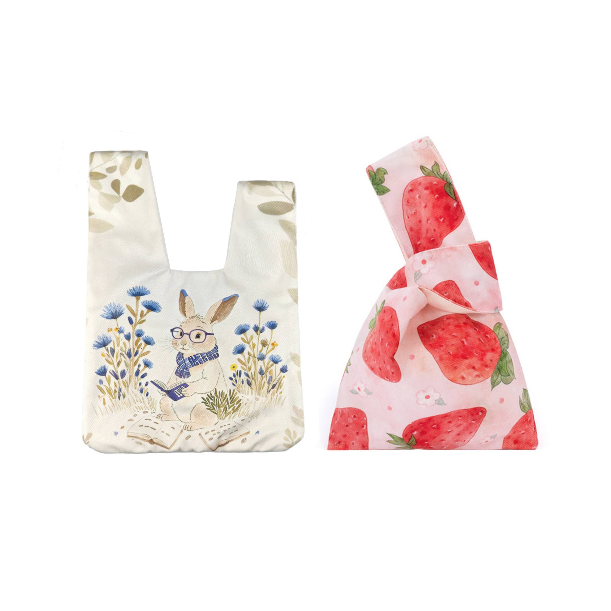 Two stylish wrist bags: one with a rabbit design on a cream background, and another in pink with a strawberry pattern. Both feature logos. Sublimation Short Pile Wrist Bag - Image 1