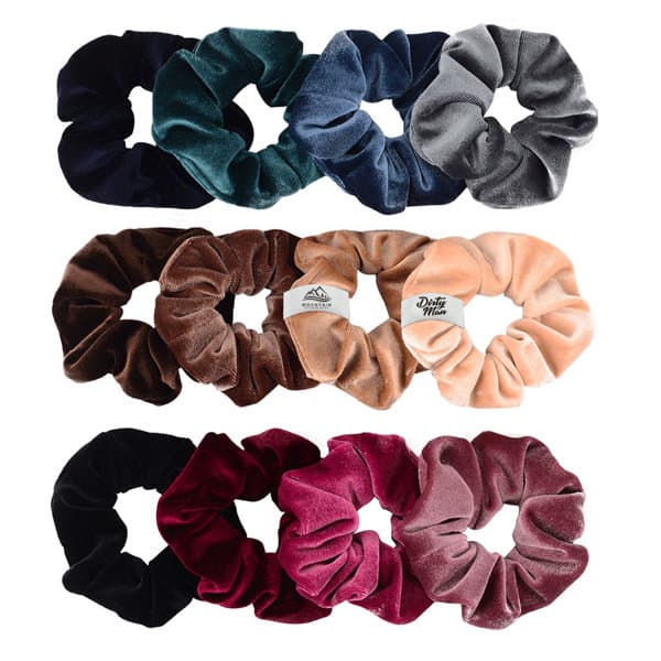 A variety of soft velvet scrunchies in deep green, navy, brown, light pink, dark pink, black, and burgundy. A variety of soft velvet scrunchies in deep green, navy, brown, light pink, dark pink, black, and burgundy.