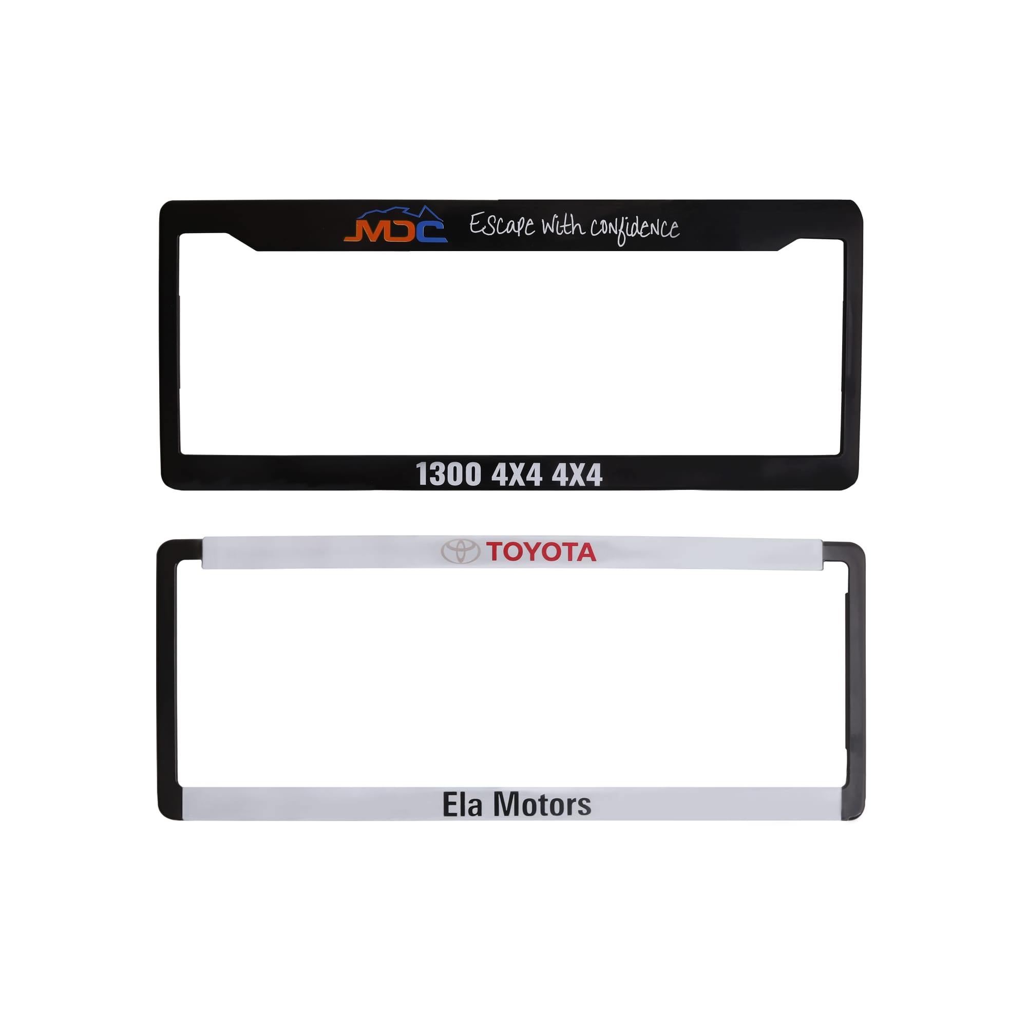 Two plastic licence plate frames in black and white, featuring logos and branding. Plastic Licence Plate Frame - Image 1